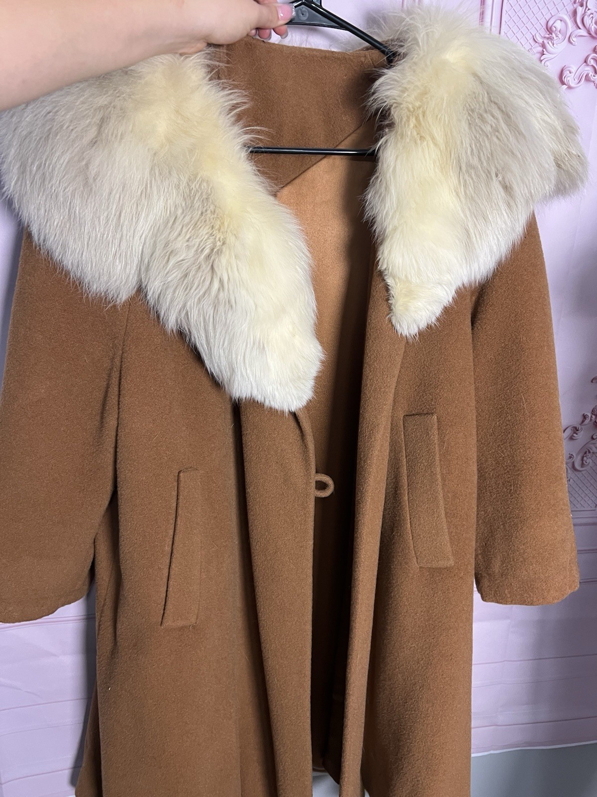 Vintage 1950s/1970s Wool and Fox Fur Coat One Button Loose Fit Has Pockets