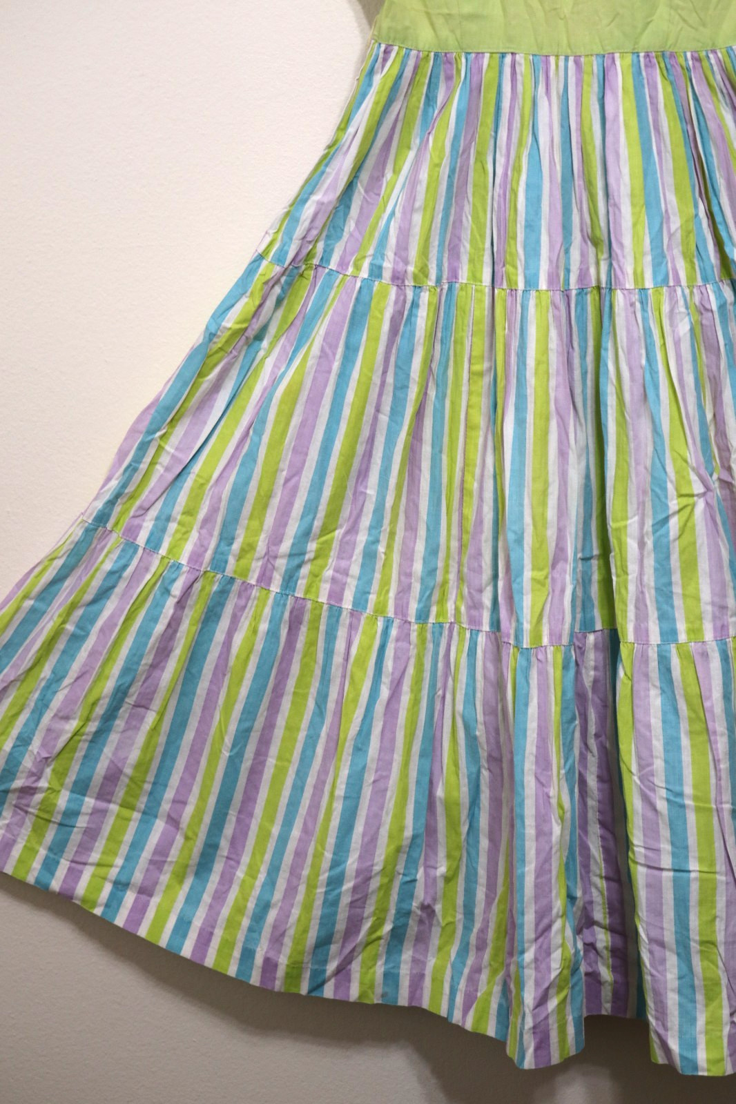 50s Abby Kent Chartreuse Stripe Sleeveless Tiers Full Skirt Day Dress Women XS 0