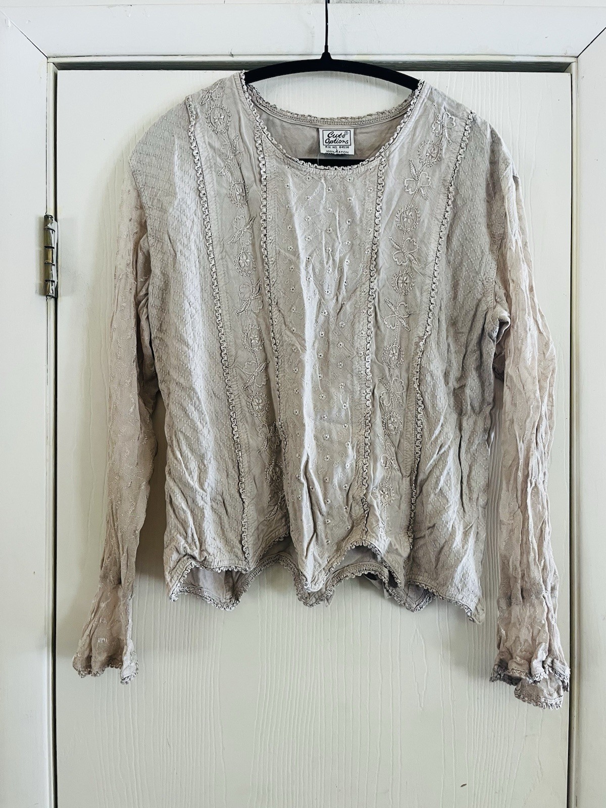 VTG Deadstock 90s Rayon Bali Patchwork Hippie Boho Embroidered Blouse L