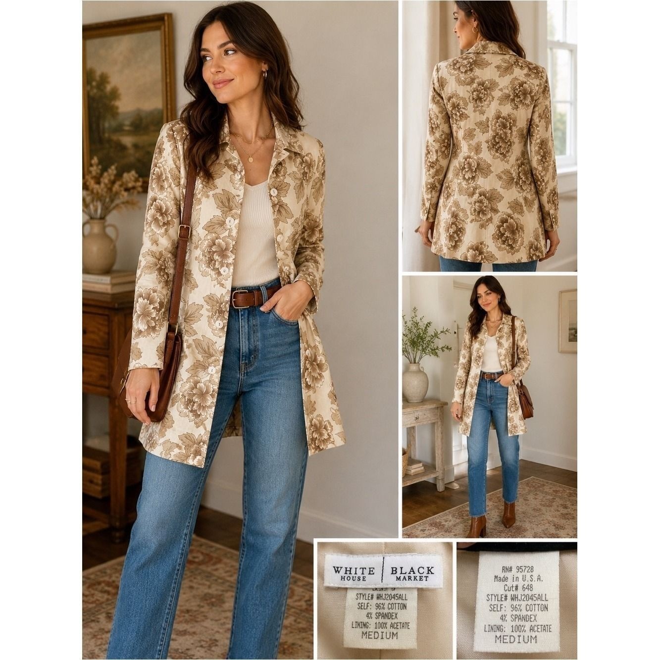 WHBM Vintage Floral Button Front Tunic Jacket Medium Made in USA Cottagecore
