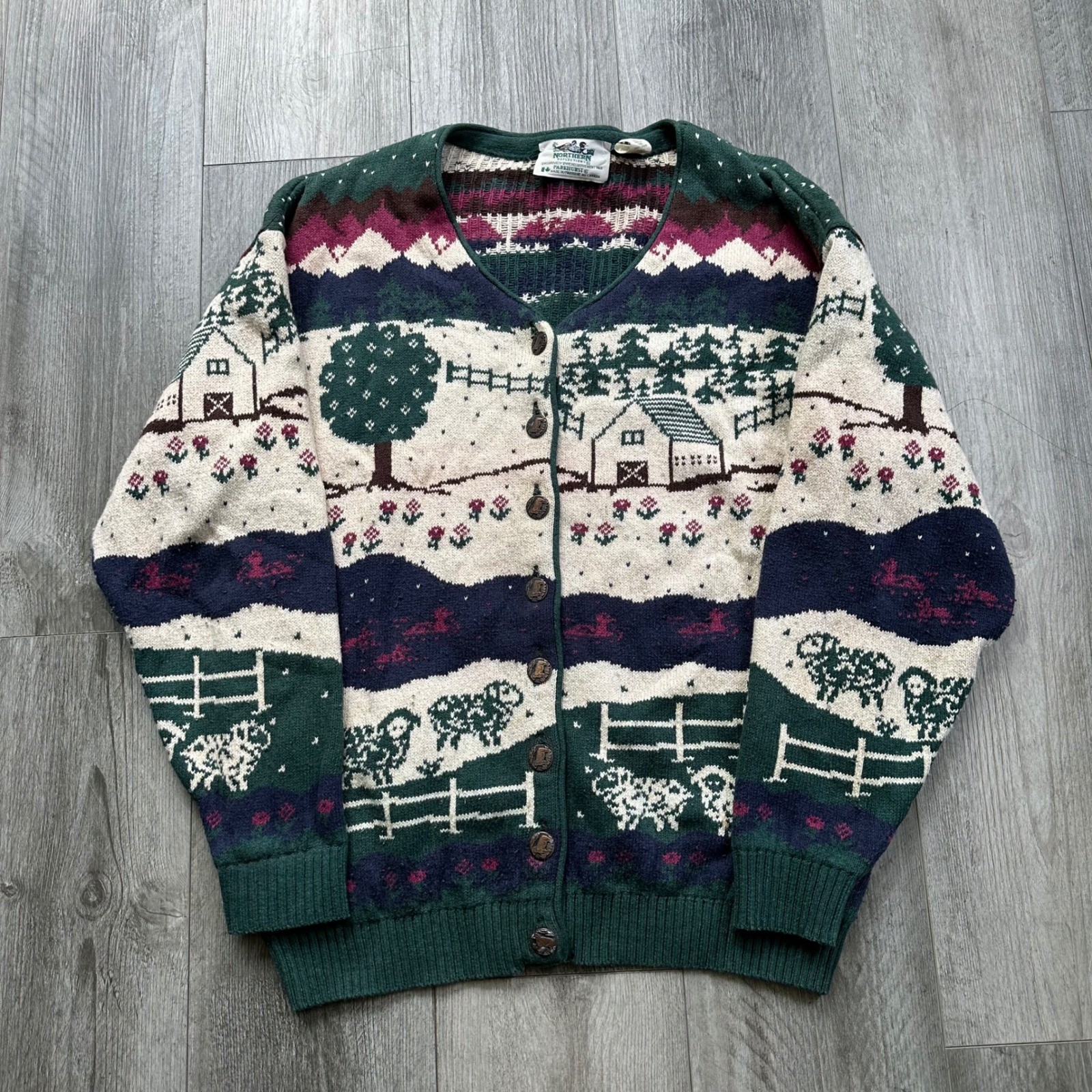 Vintage Nature Womens Northern Reflections Cardigan Sweater Green Wool Blend S/P