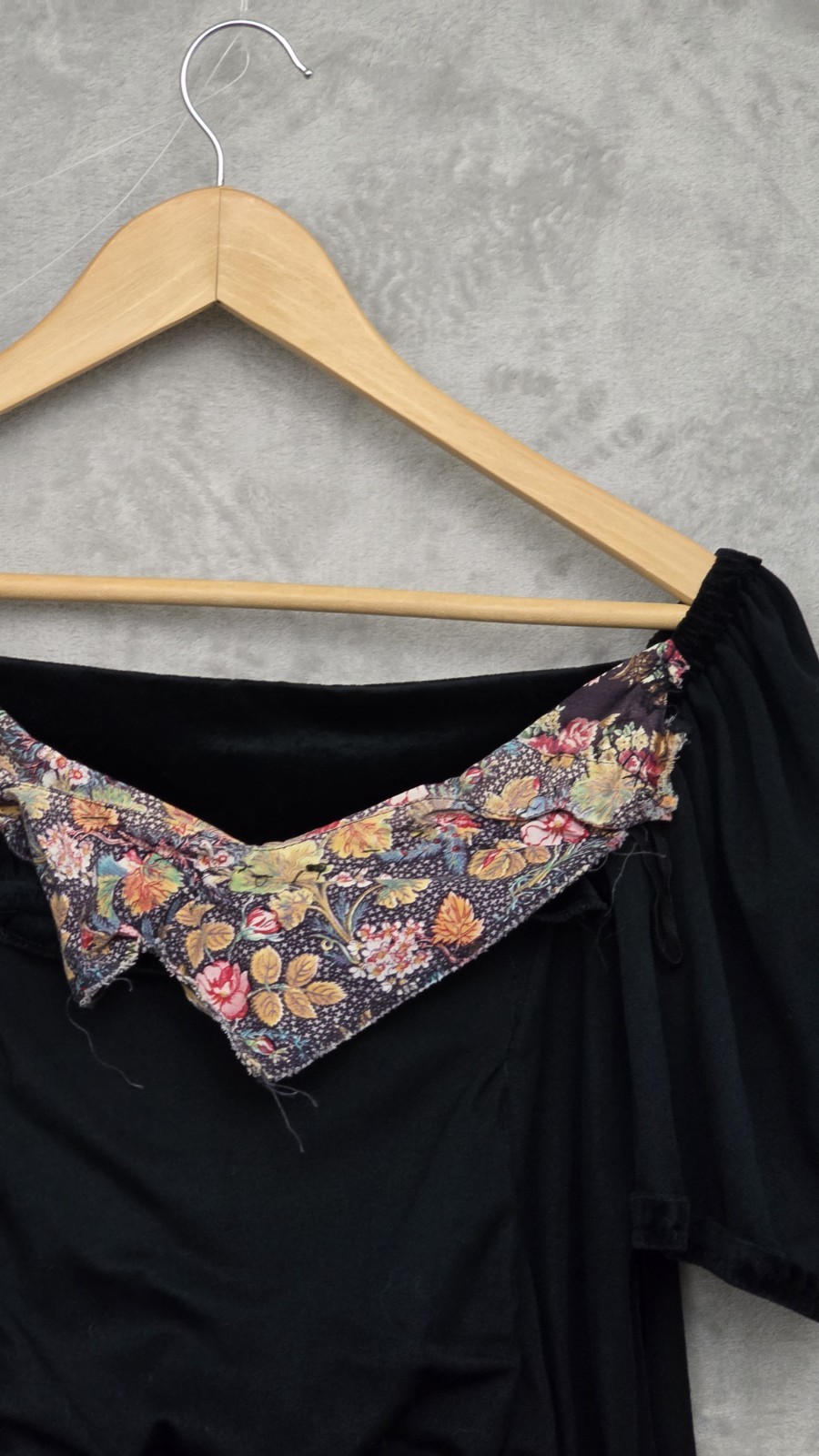 vintage 80s black velvet dirndl dress featuring a floral patterned bodice, Dress