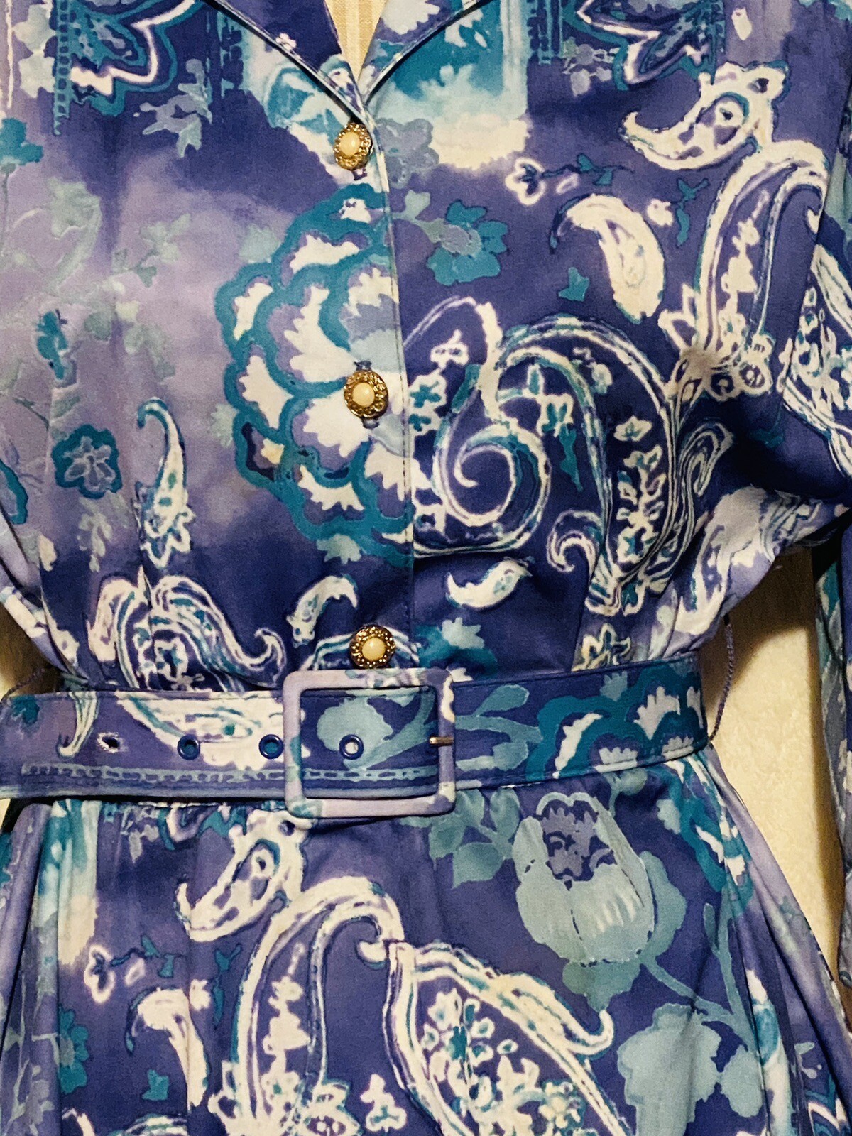 VTG 70s 80s California LOOKS Floral Paisley Belted Tea Day Dress Blue Women’s 8P
