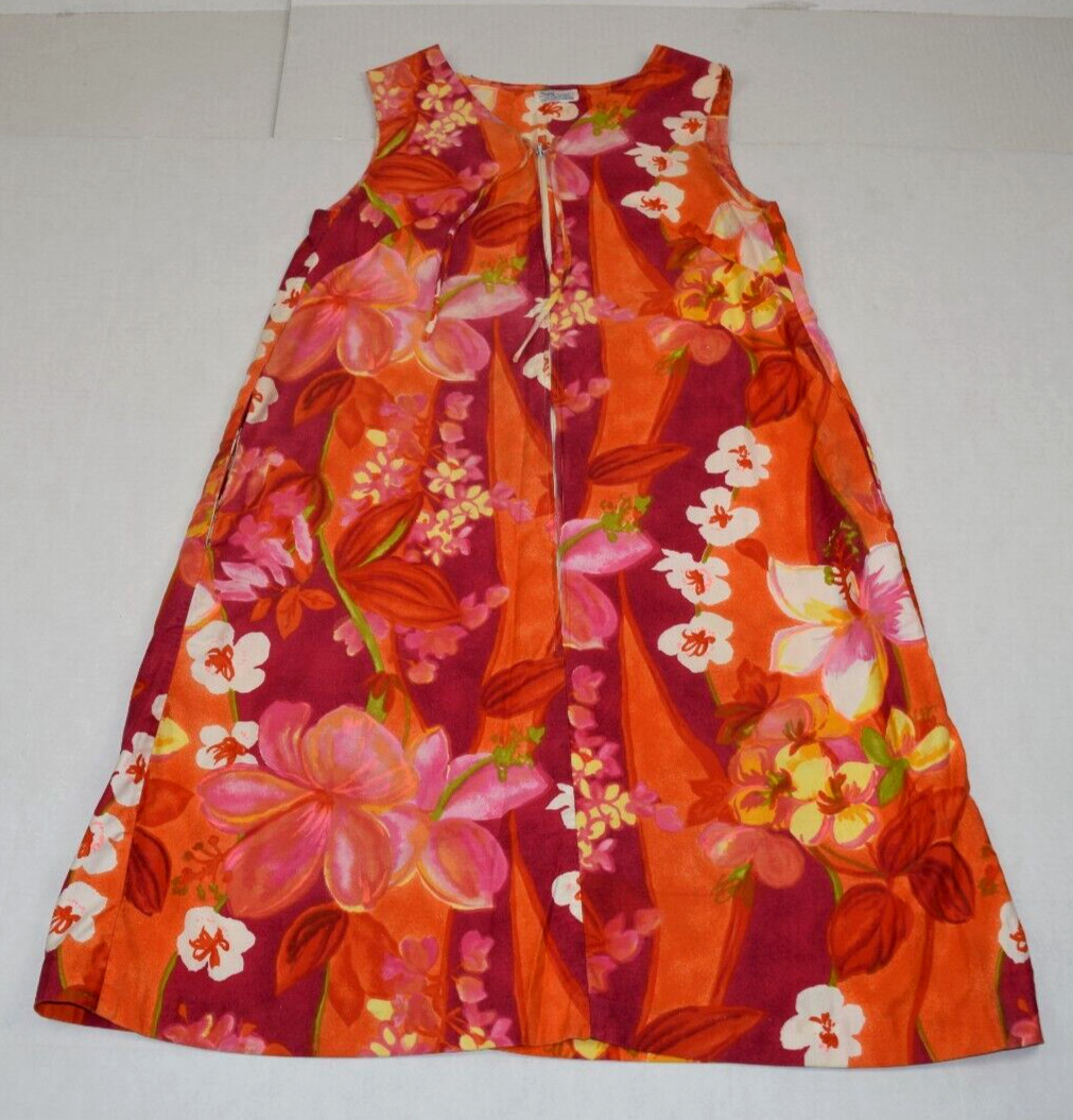 Vintage Sears Hawaiian Dress Size S/M 70s Sleeveless Orange White Yellow Floral