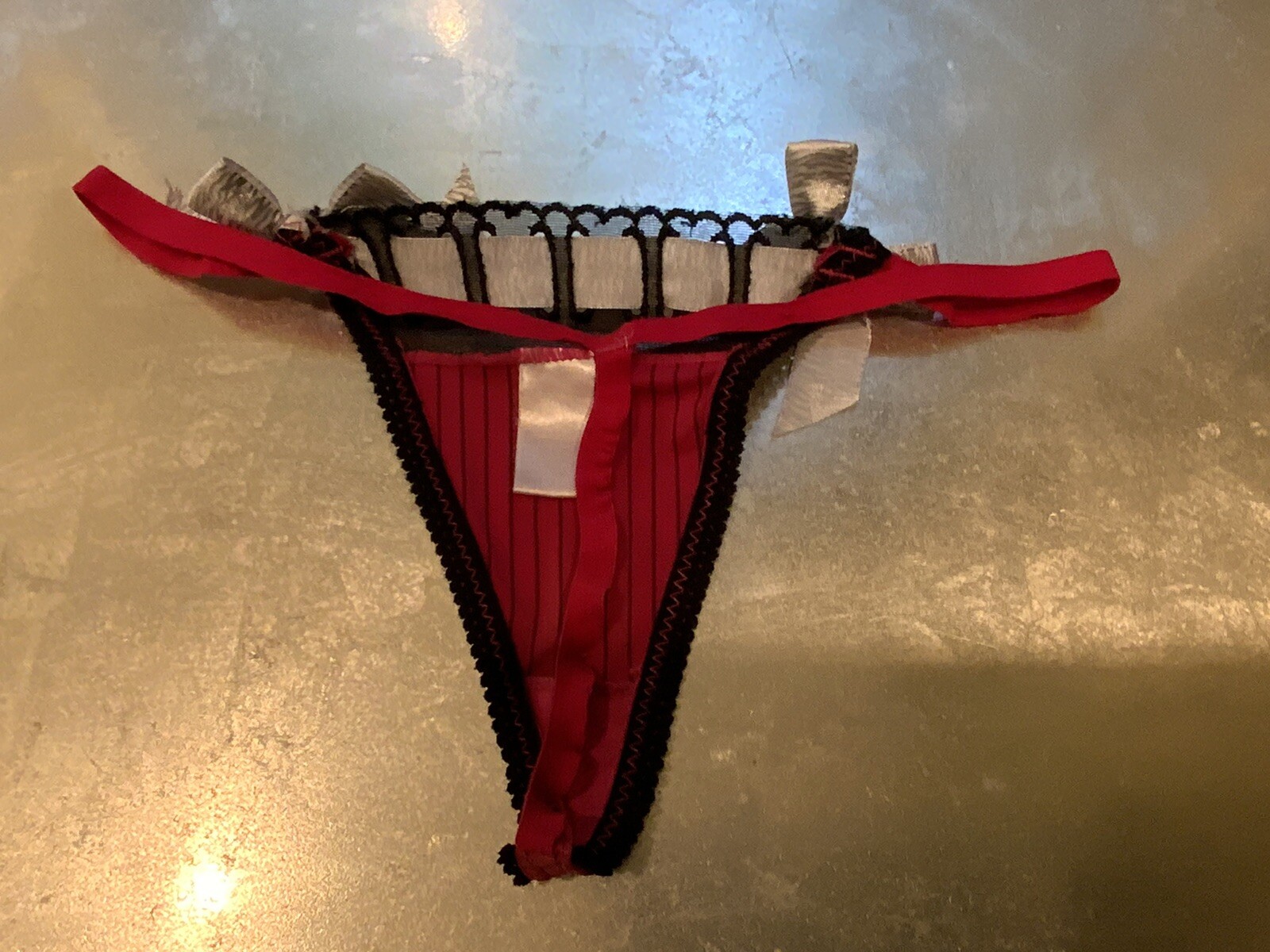 Vtg S Striped Black Wine & Pink Thong String Ribbon Bikini Panties