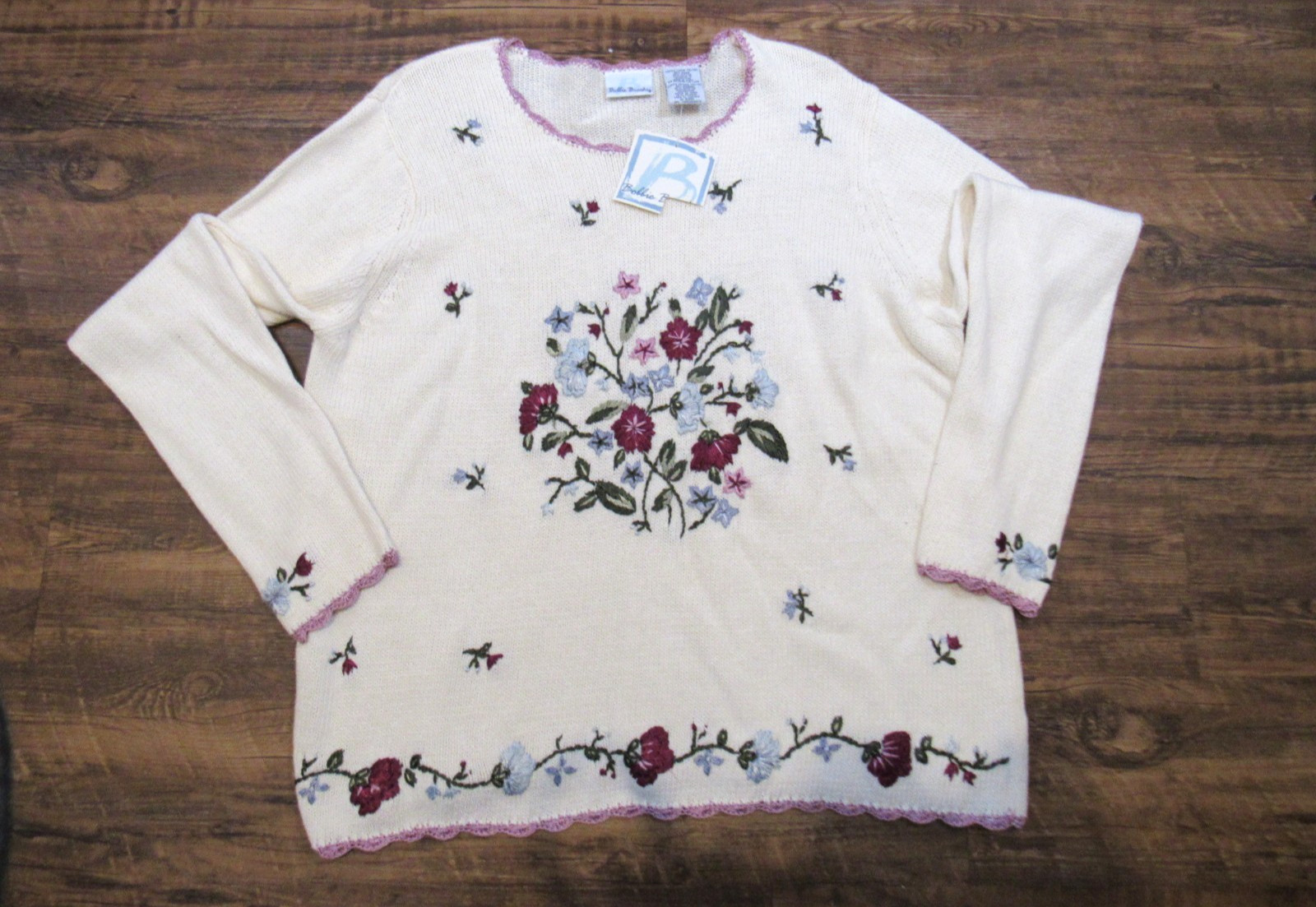 Vintage NOS Bobbie Brooks Ivory Floral Embroidered Sweater L Cottage Core Granny