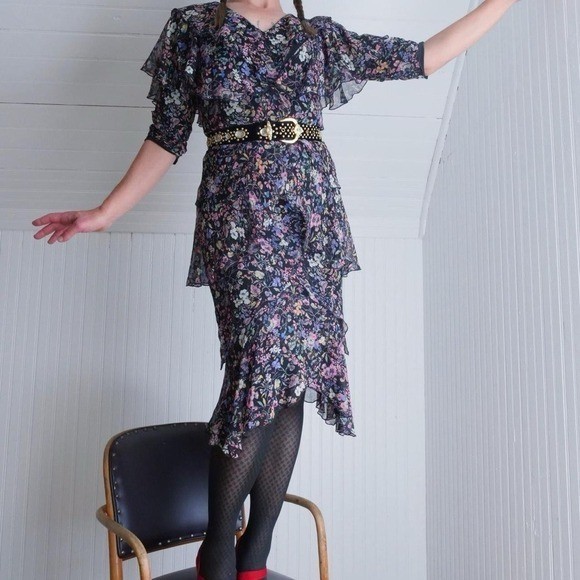 Vintage 80s dark floral silk flutter midi dress