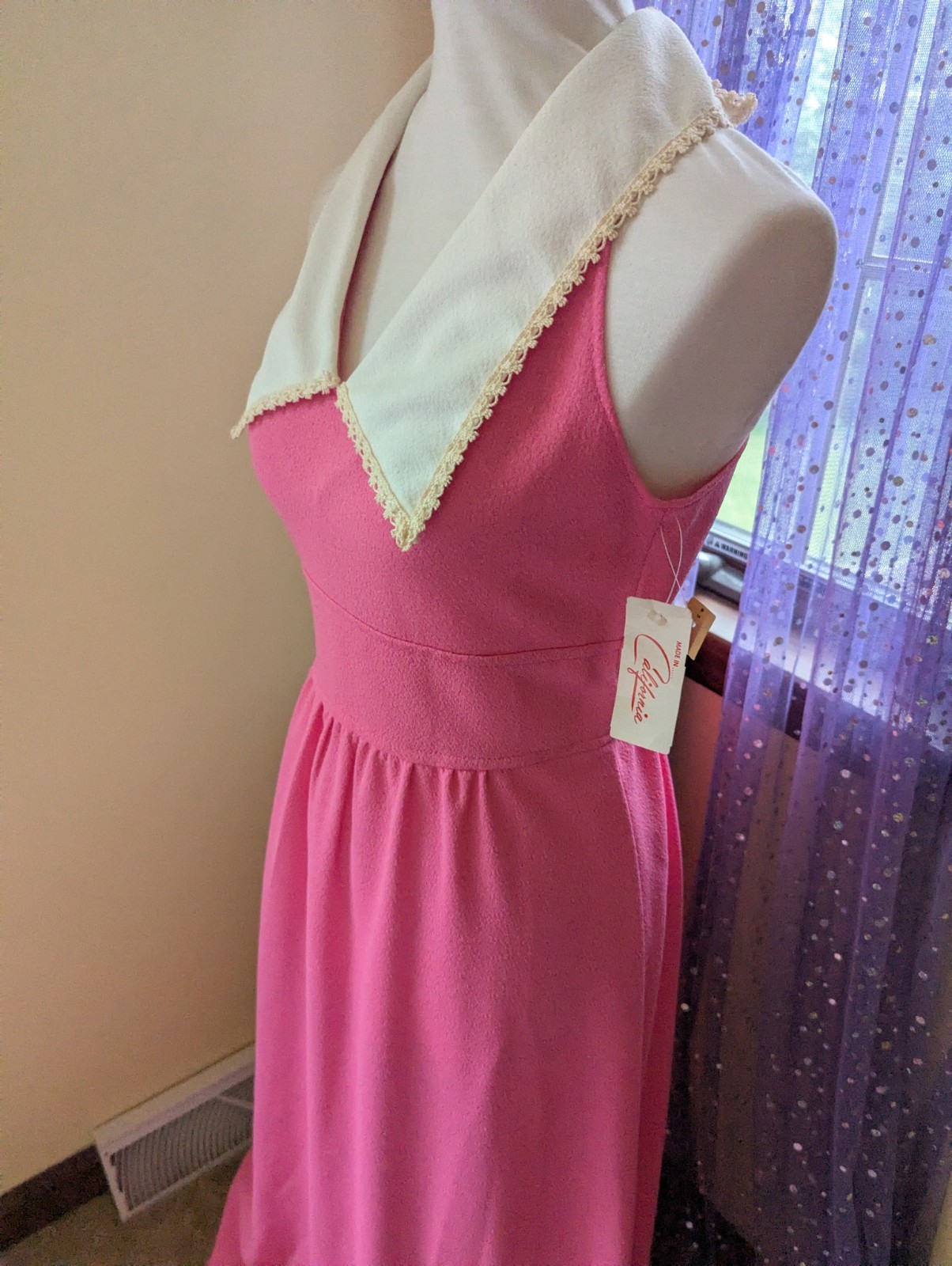 Vintage 70’s Joni Blair Of California Pink Dagger Collar Polyester Maxi Dress S