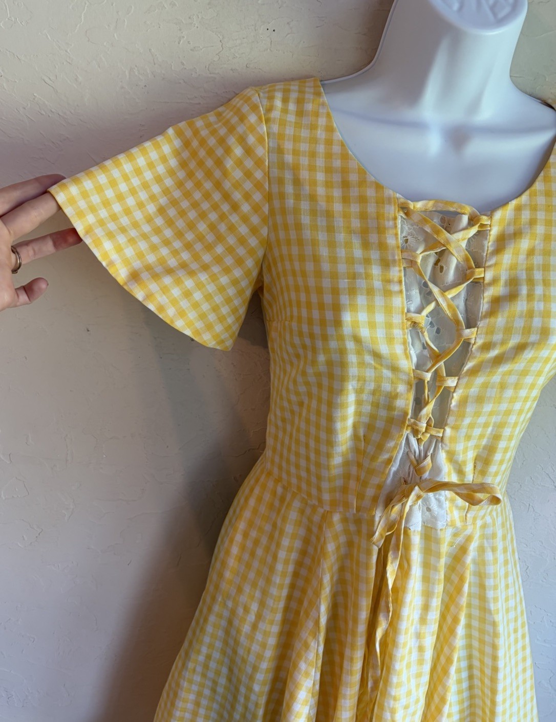 Vintage 60s 70s Handmade Gingham Ruffle Lace Up Dress S Prairie Yellow Milkmaid