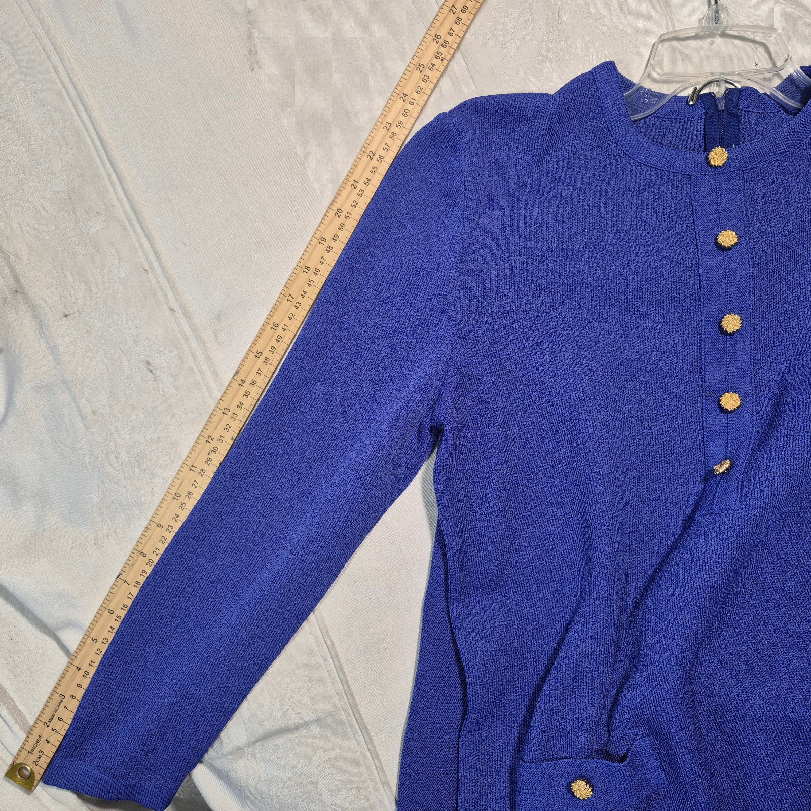 Vtg Castleberry Knit Skirt Suit Set Womens 14 Royal Blue Gold Button 80s MINT