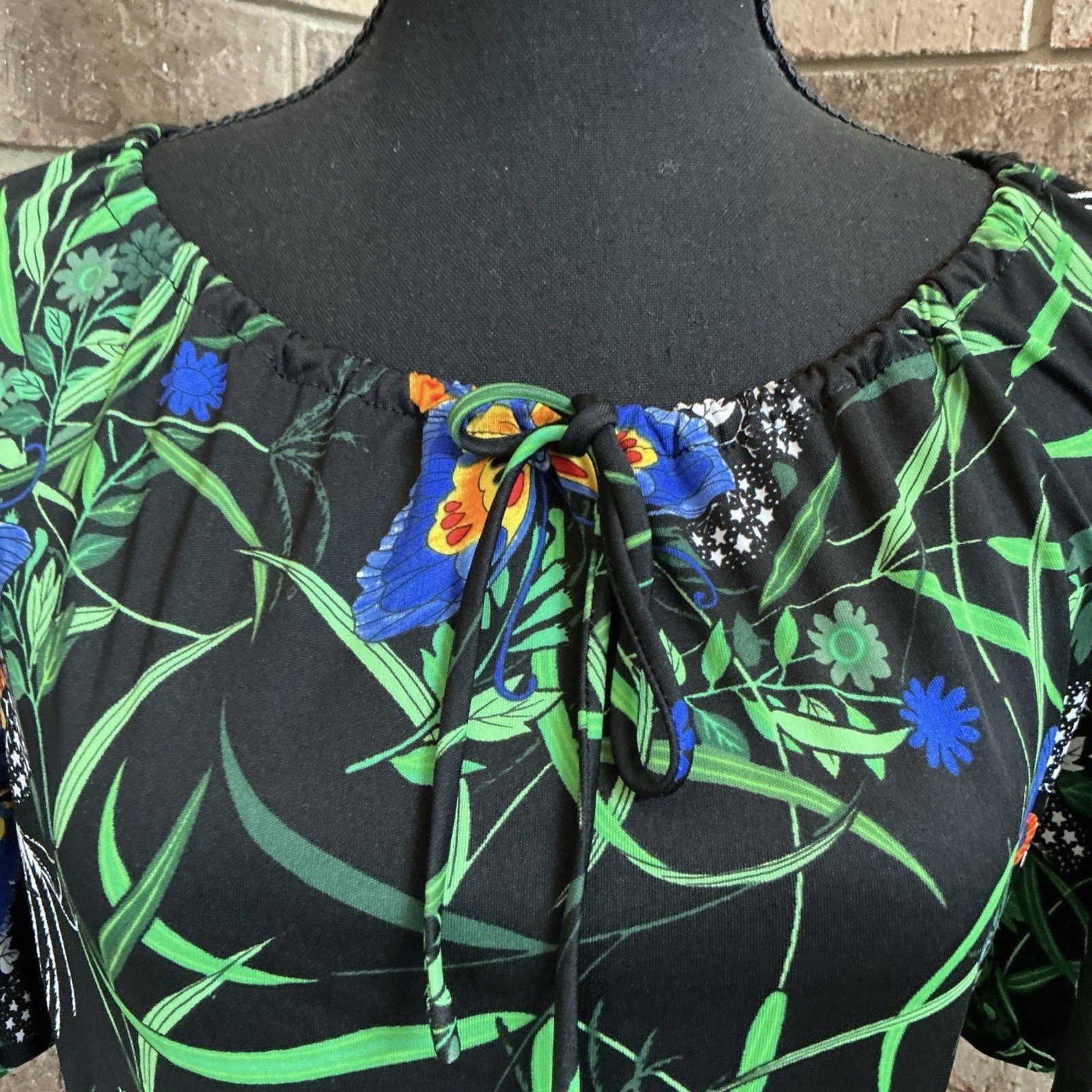 70s VINTAGE Yves Jennet Tropical Floral Midi Dress Size 14 Black Butterfly #6D6