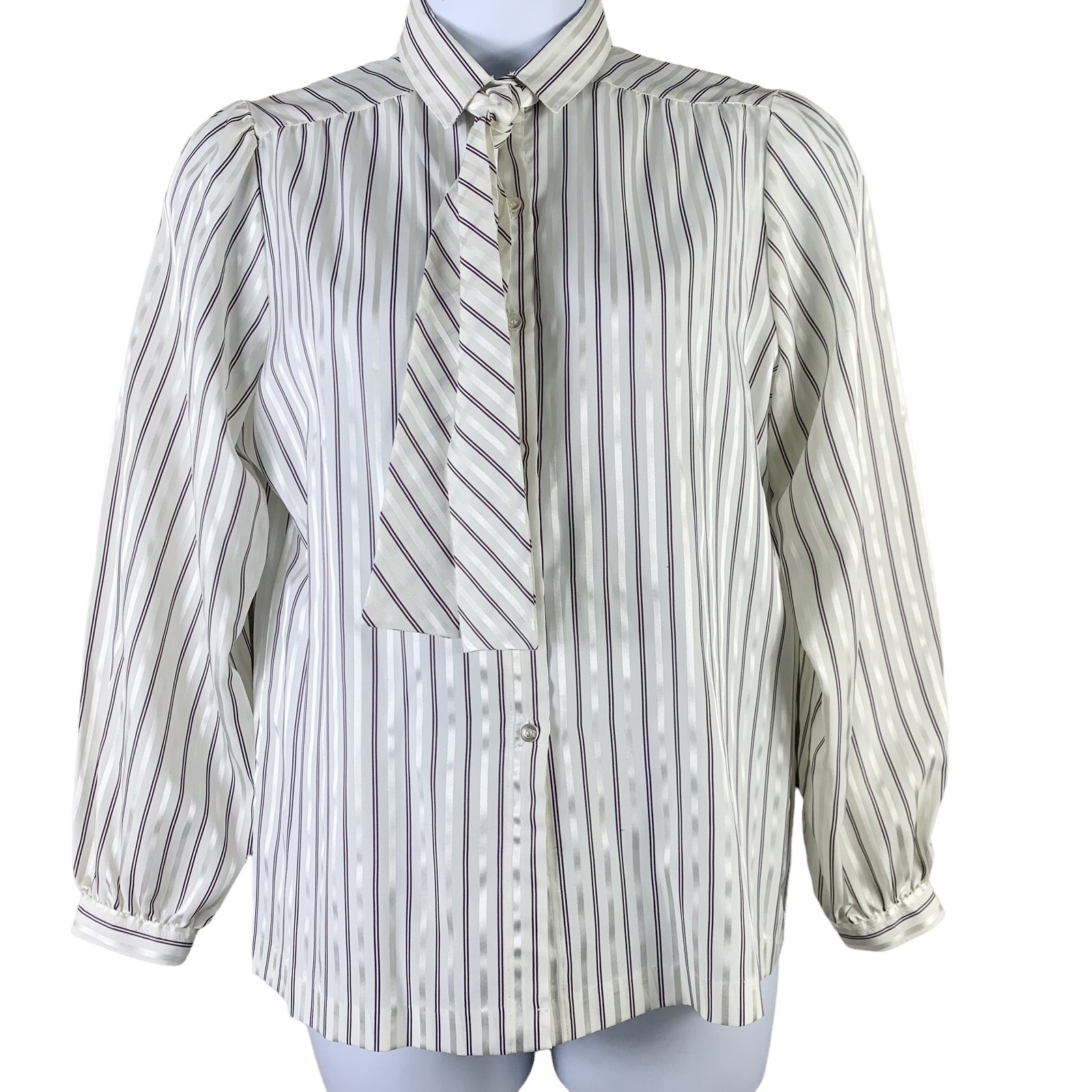 Vintage Blouse Bow Neck Button Up Shirt Koret Large Striped White Silver Purple