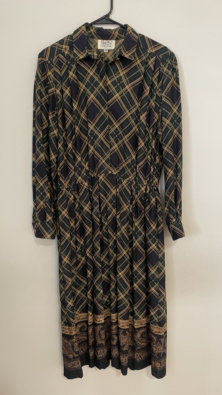 Vintage 80s Papillon Collection Plaid Midi Dress Academia Tartan Secretary Sz 14