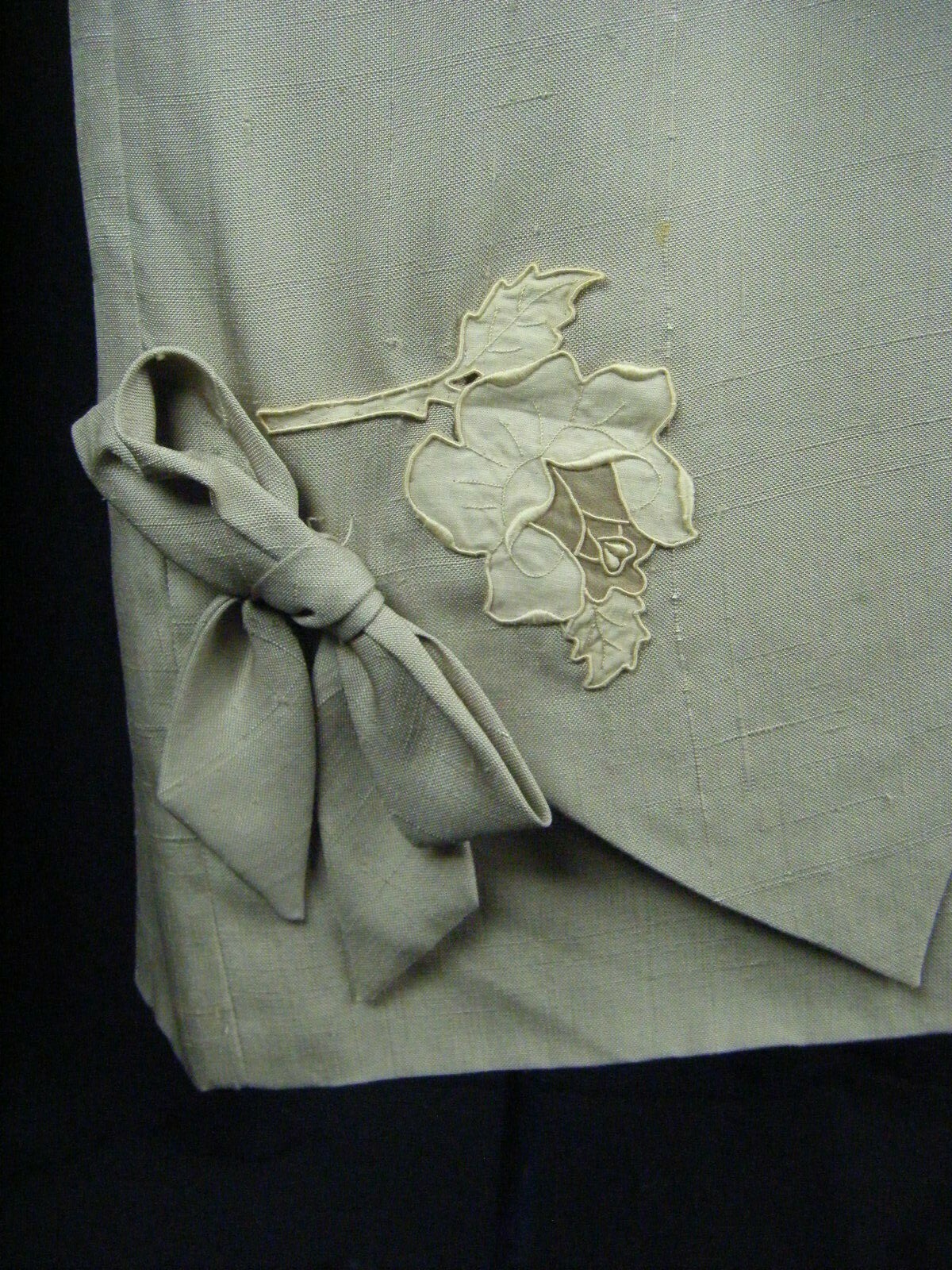 Vtg 50-60s Beige Silk Floral Patched Bow Tulip Wrapped Dress-Bust 38/S, AS-IS
