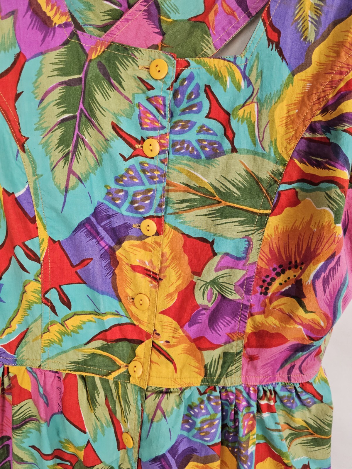 90s Vintage Dress Peek Hole Back Tropical Print Button Front Flare Pockets M