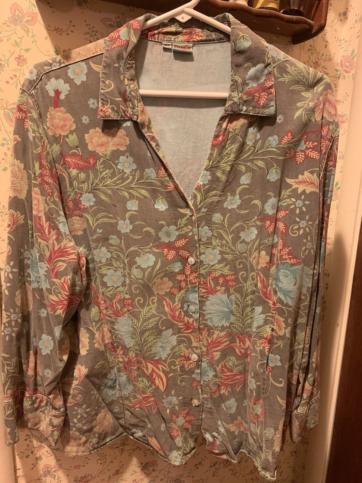 Tianello Women’s Floral Fan Print Long Sleeve Blouse Vintage, Button Down, 1X