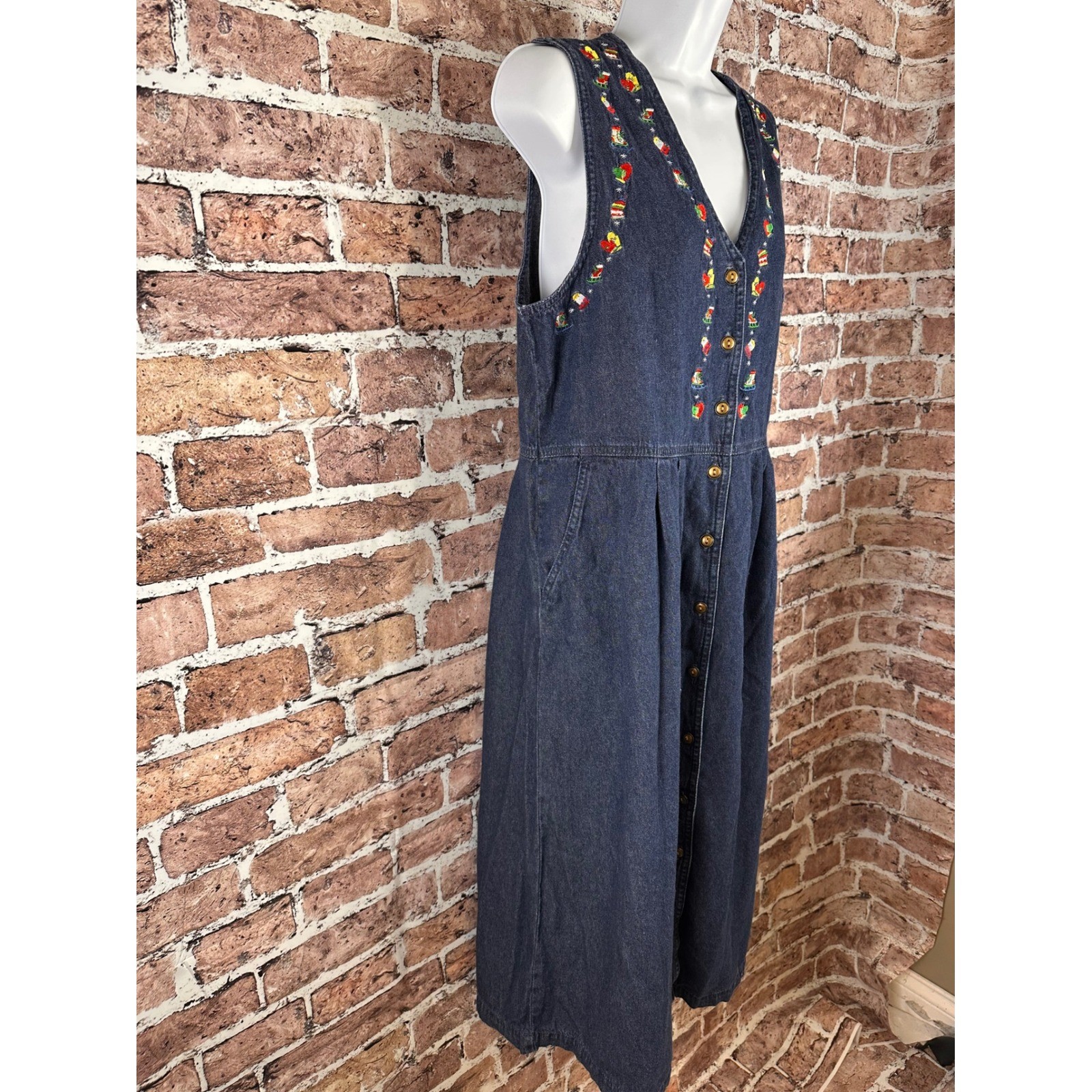 Original TY Wear Vintage Denim Christmas Embroidered Jumper Dress Blue 10P