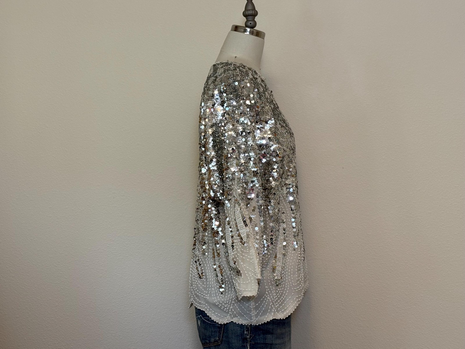 Vintage 80s Beaded Silk Top, White Silver Sequin Disco Tee, Sparkle Top