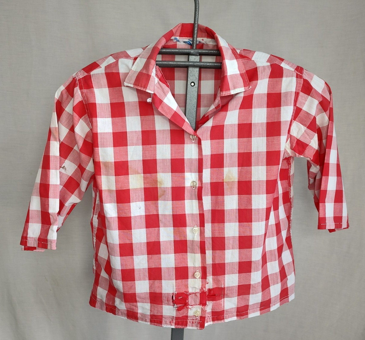 Vtg 50s/60s Shirt Womens Sz Sm Red White Check Loop Collar Distressed Rockabilly
