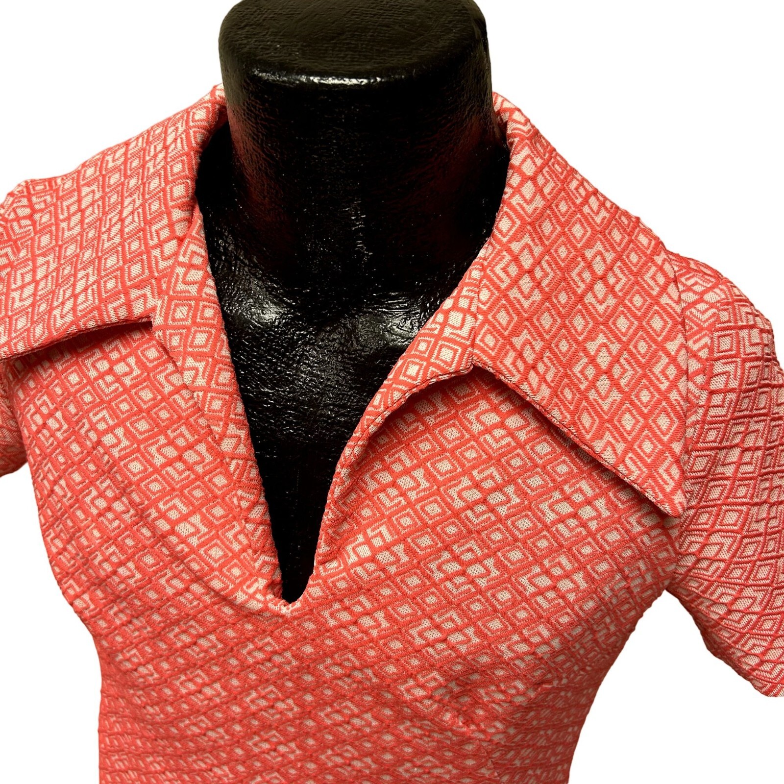 Vtg 60 70’s KNIT MoD PINK White GEOMETRIC Go Go Hippie MINI Dress Disco Shirt M