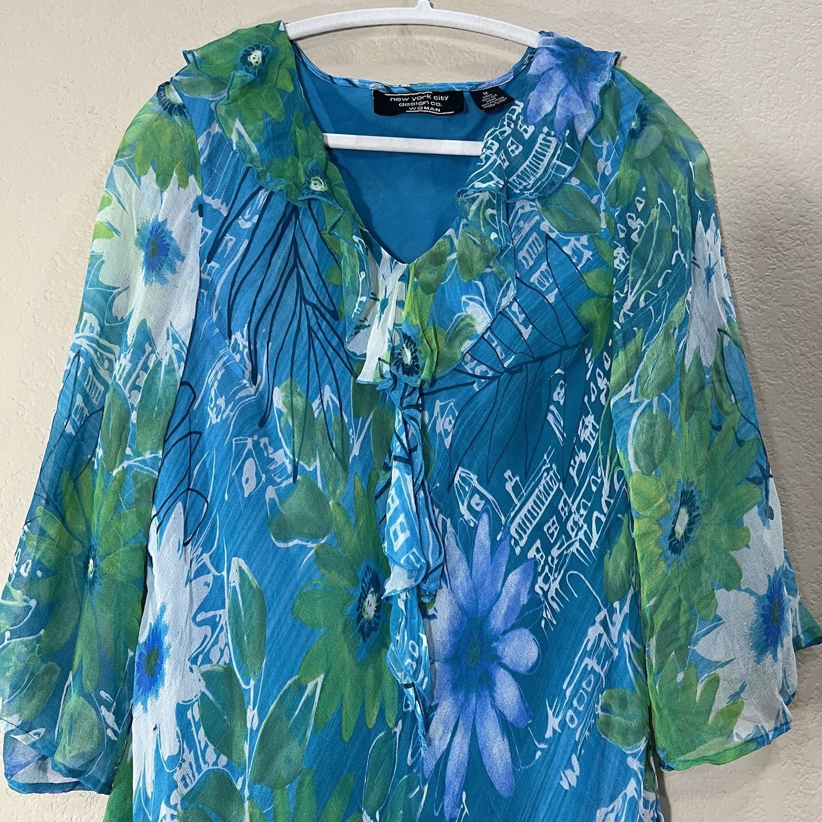 NEW YORK CITY DESIGN CO VTG SZ XL 100% SILk TOP PULLOVER MULTI BLUE RUFFLE BOHO