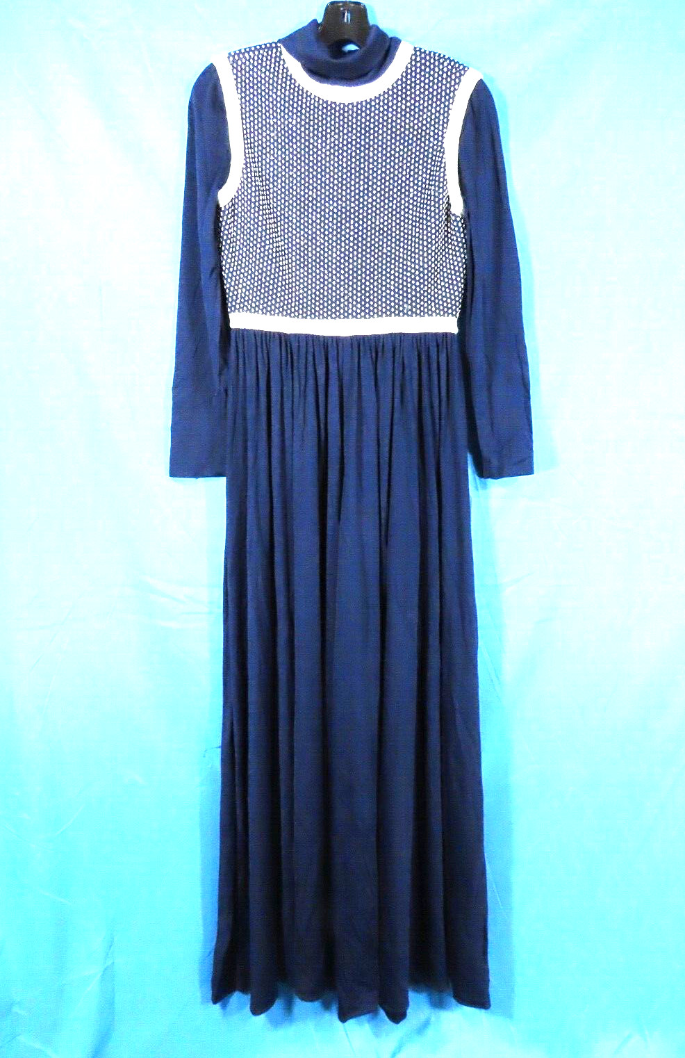 VTG Navy Blue POLY KNIT DRESS Silver Metallic Trim HOSTESS PARTY MAXI sz XS/S