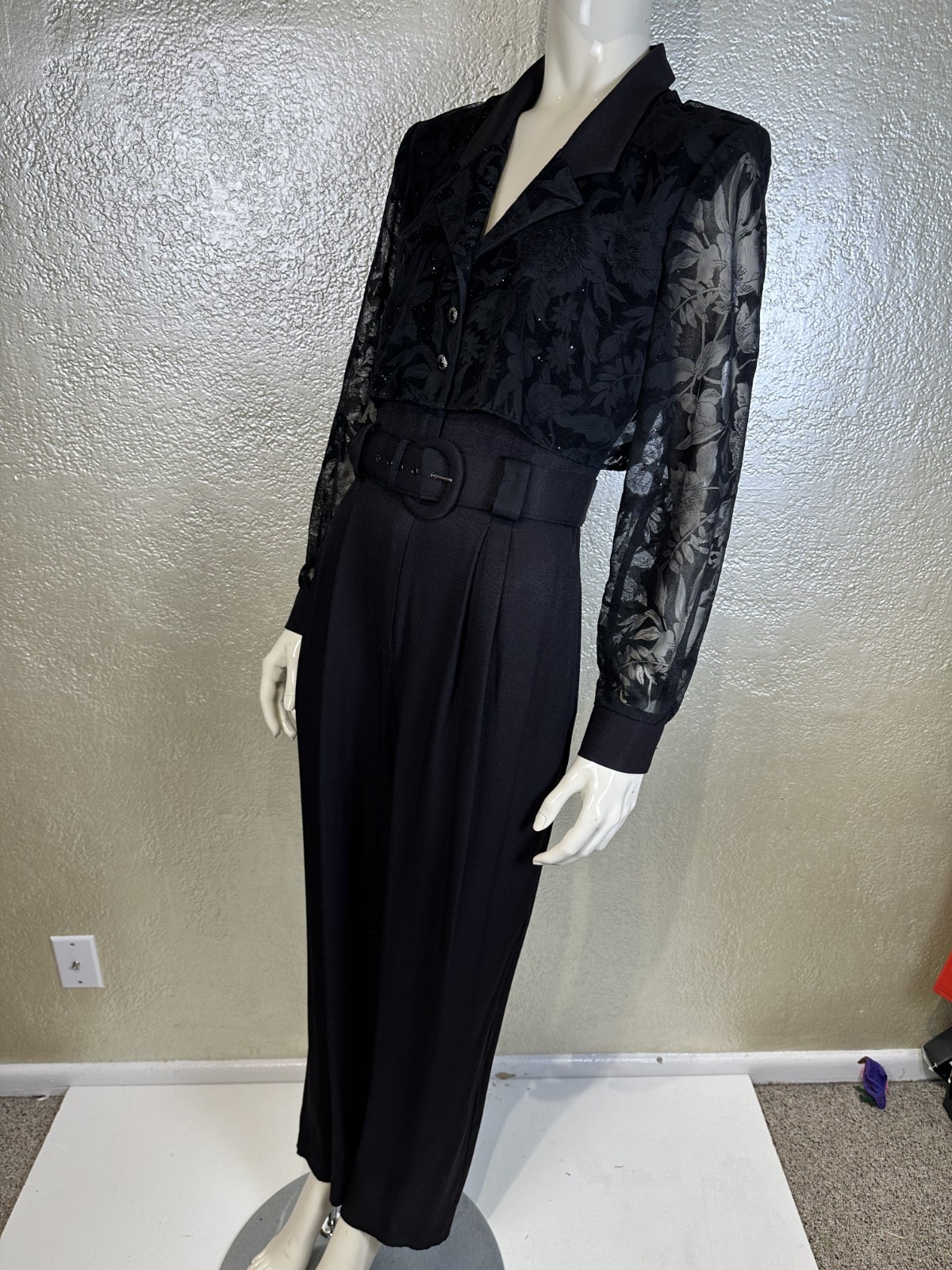 Vintage 1990s Ladies MENU Black Jumpsuit Sheer Sparkle Belted Goth S/M