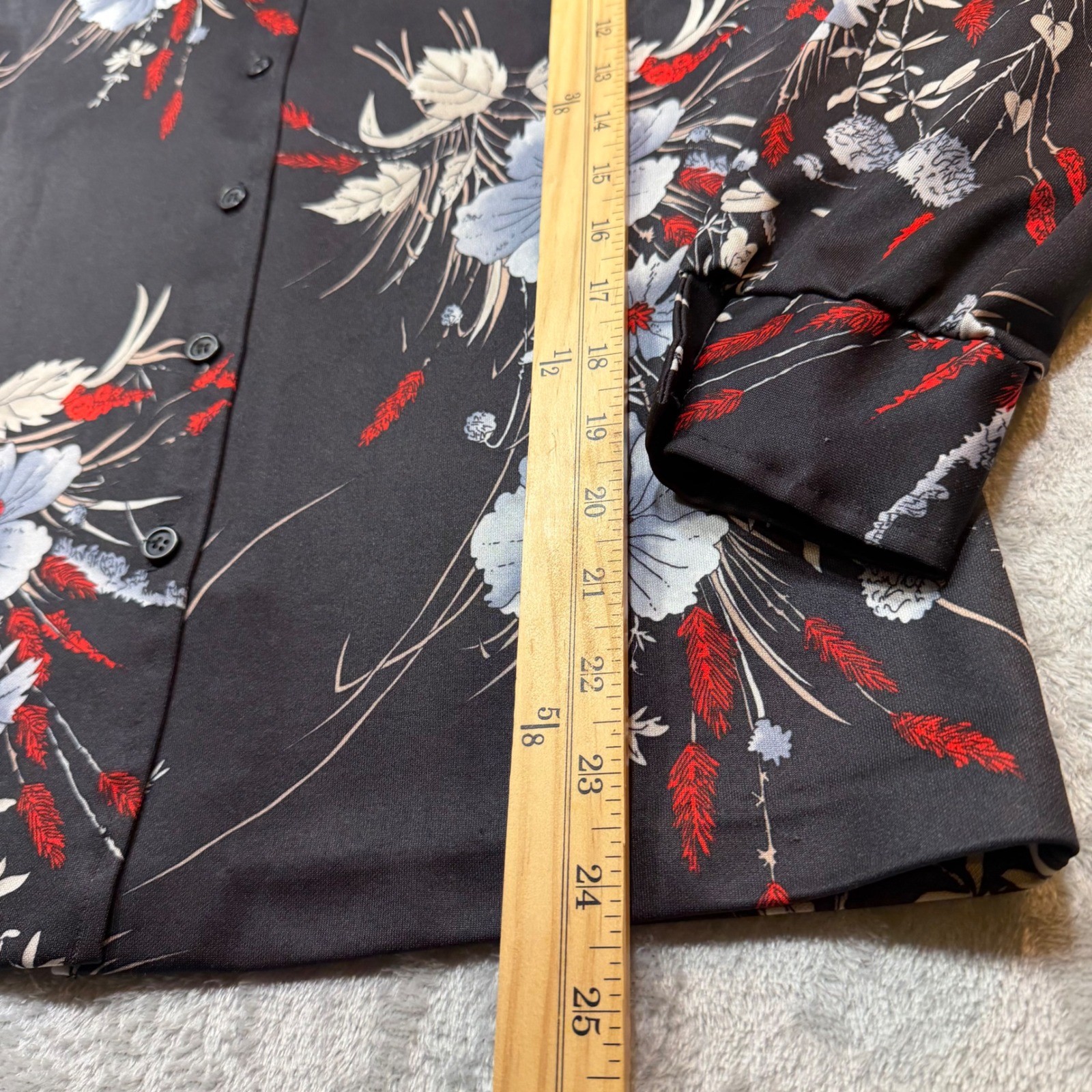 Vintage 70s Black Floral Disco Blouse Long Sleeve Button Up Pointed Collar Small
