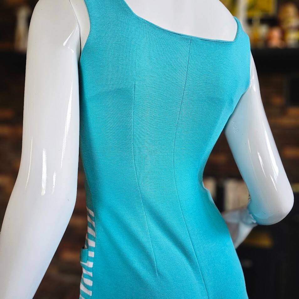 Vtg 60s Mod Aqua Striped Novelty Hot Pants Playsuit Jumpsuit Go Go Romper XS/S