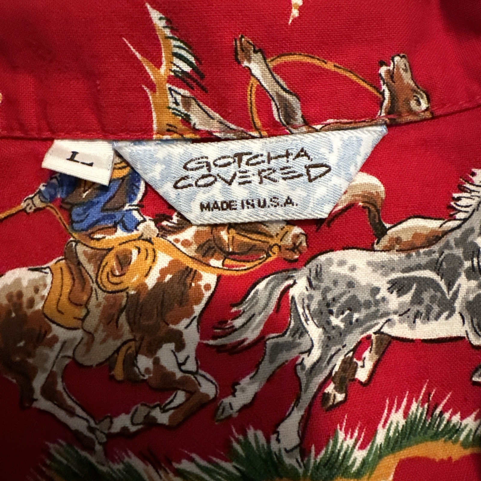 Vintage Gotcha Covered Southwestern Aztec Cowboy & Indian Horse Print Shirt USA