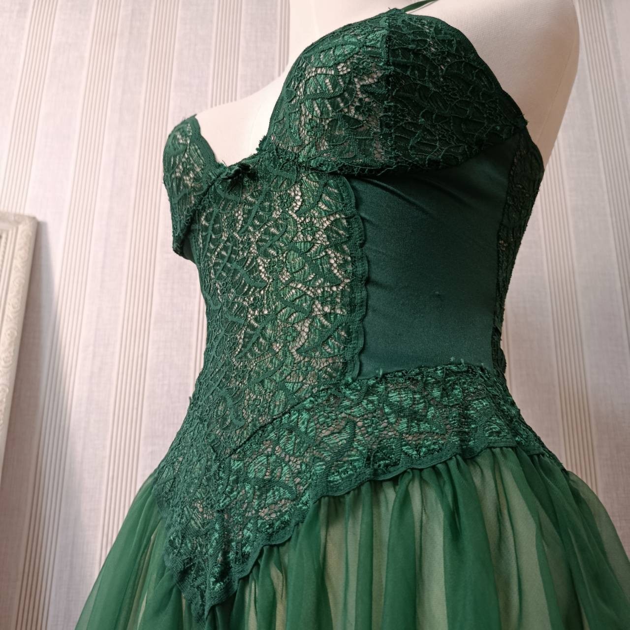 VTG 80s Empire Intimates Green Mesh Babydoll Nightgown Cutout Back Made in USA M