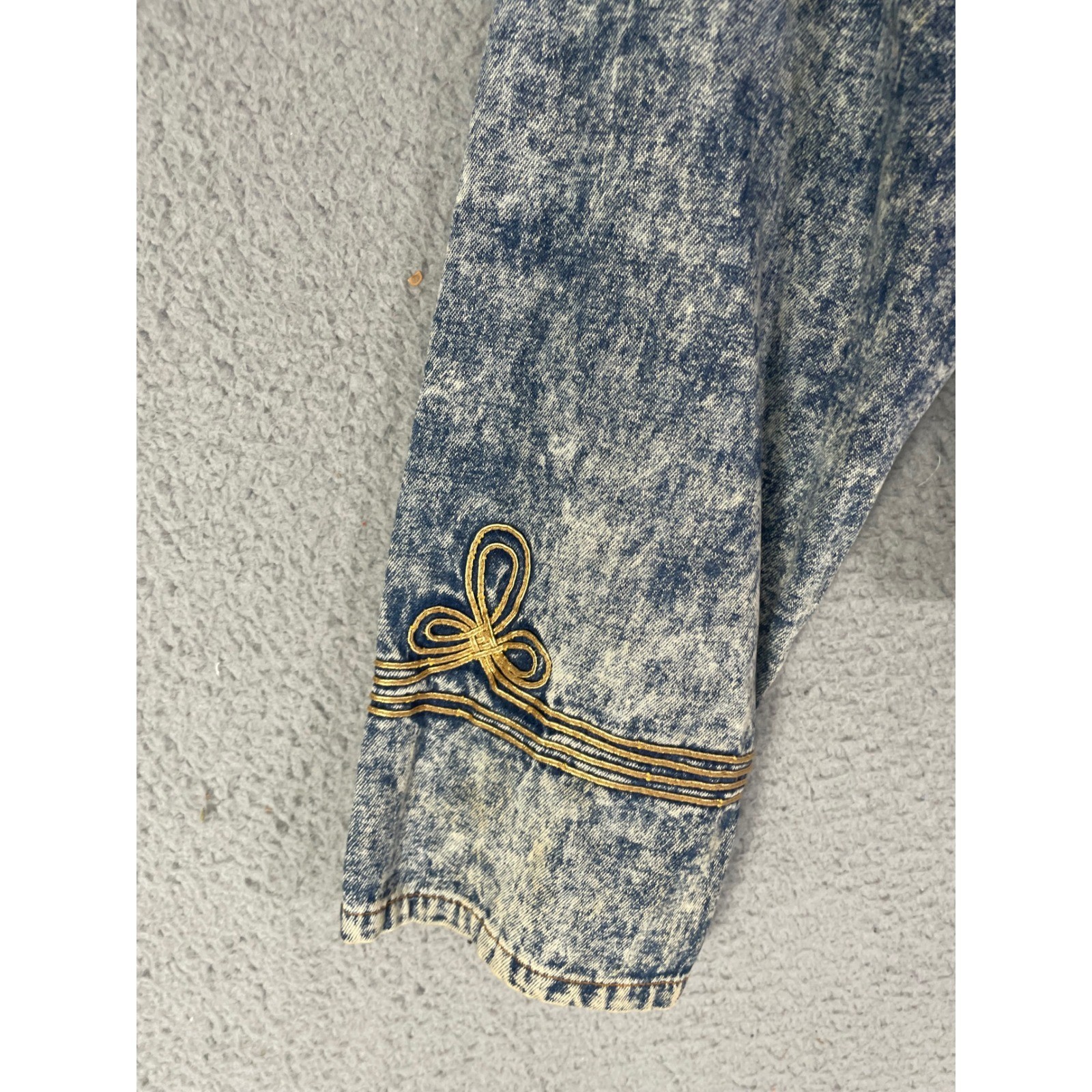 Vintage Acid Wash Denim Jacket Womens Small Military Embroidered 80s Crop