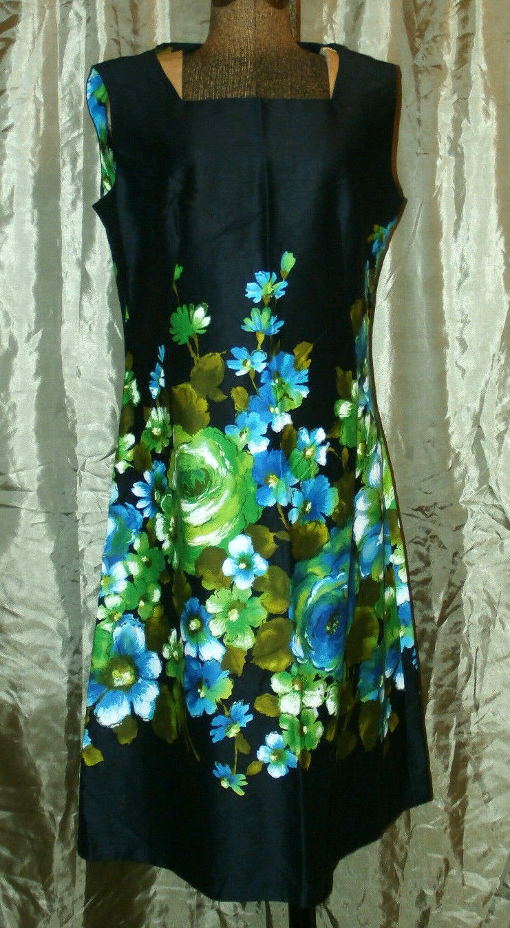 EUC Vintage Sz 40″ bust M Black Home Made Sleeveless DRESS Big Aqua Floral