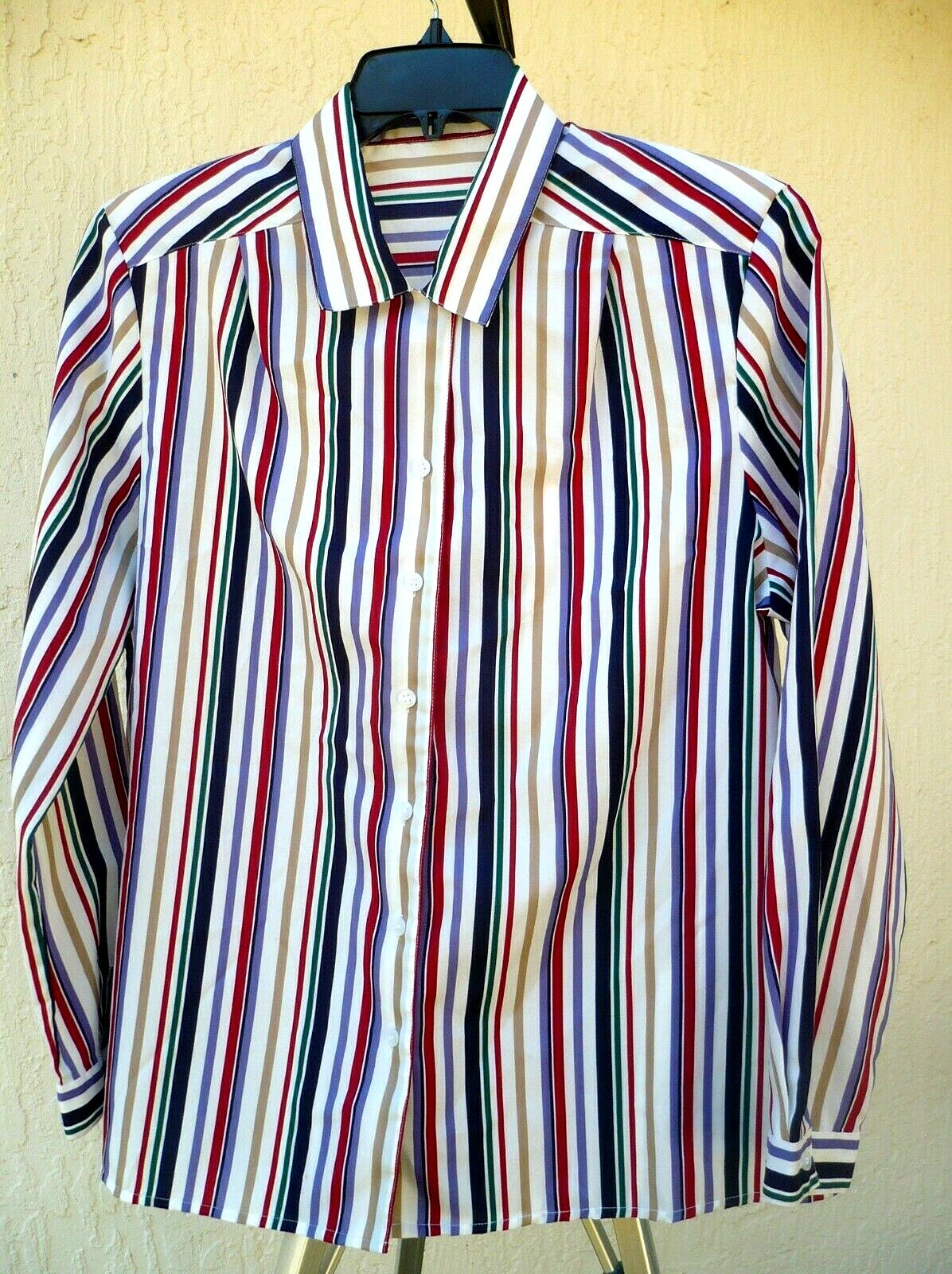 VTG 80S L BUTTON UP COLORFUL RED PURPLE GREEN TAN STRIPED SECRETARY BLOUSE WOMEN