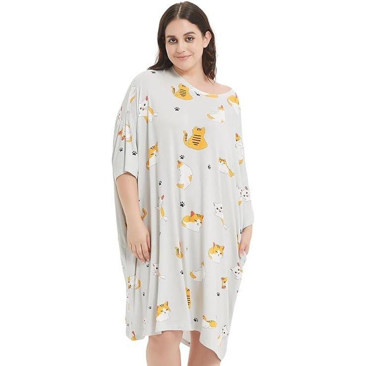 KFUBUO Plus Size Nightgowns for Women Grey Cat Fit S-5XL Oversized Sleep