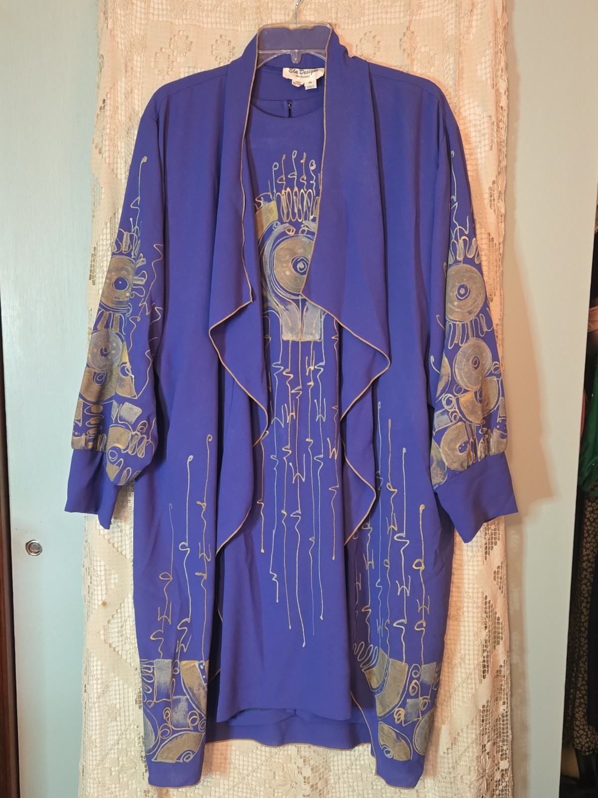 Vintage ELA DESIGN Handpainted Ensemble Purple W Gold Dress & Jacket Sz M