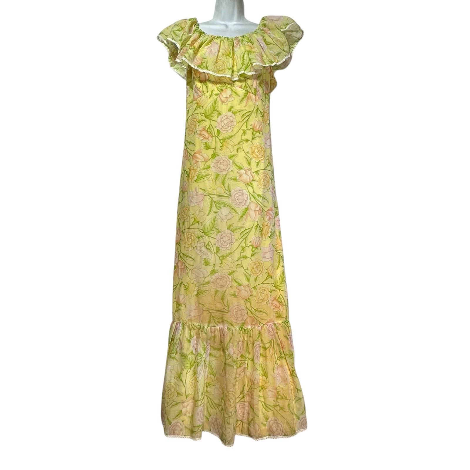 Vintage Handmade Yellow Floral Maxi Dress Ruffle Hem Cottagecore Boho