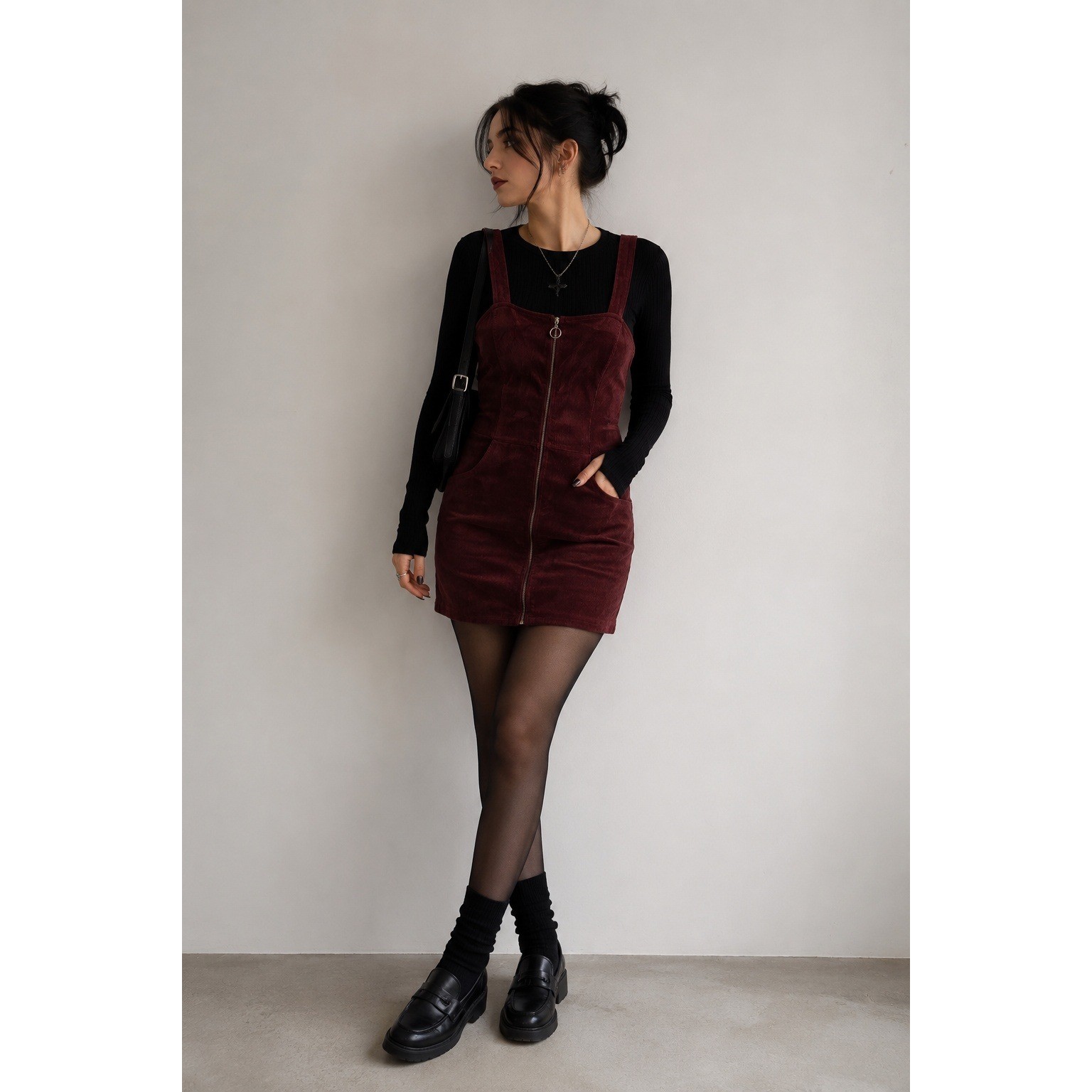 Heart Hips Burgundy Corduroy Zip Front Pinafore Dress Small Y2K Grunge Academia