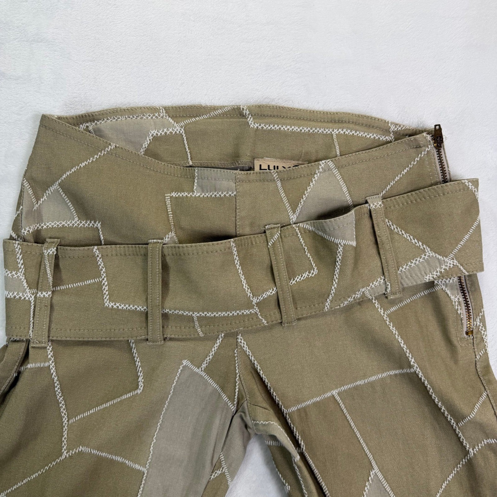 VTG 90s Luly K NYC Geometric Patchwork Puzzle Pants Tan Cotton Lycra M Grunge
