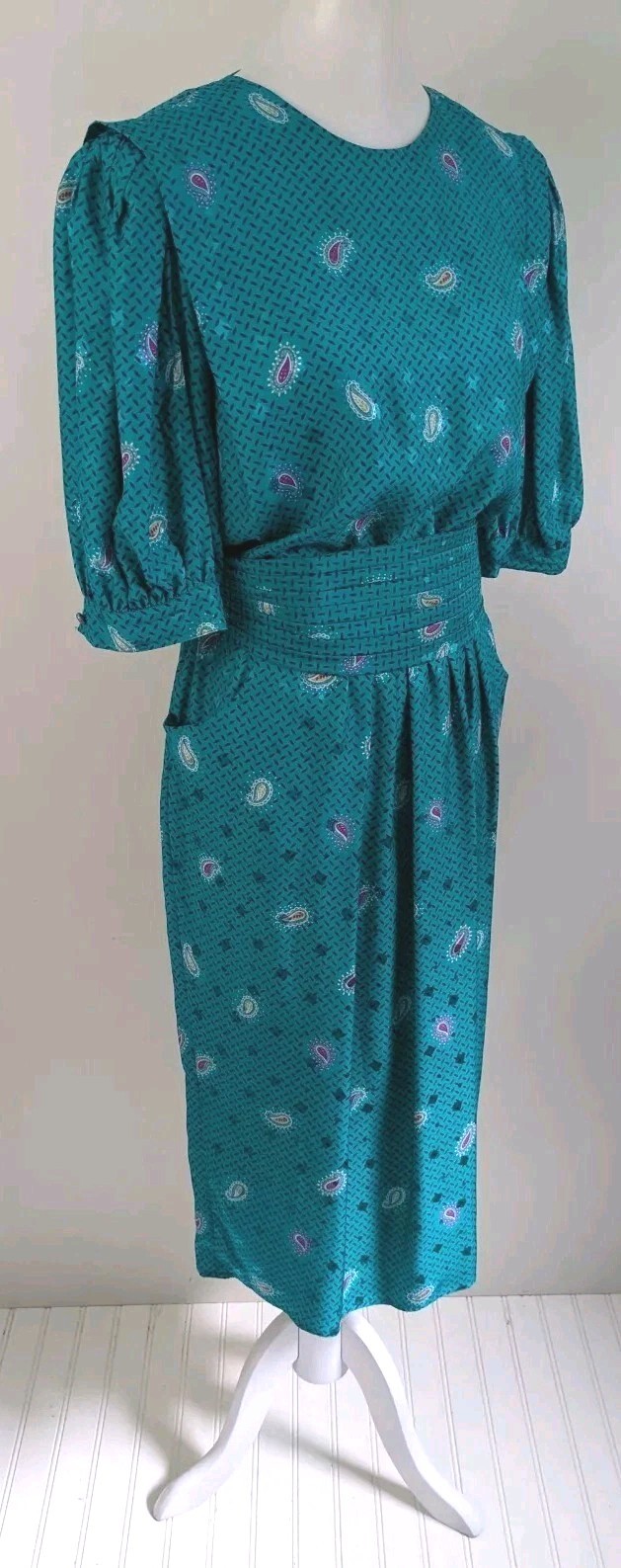 90s Maggy London 100% Silk Day Dress Jewel Tone Teal Classic Old Money Secretary
