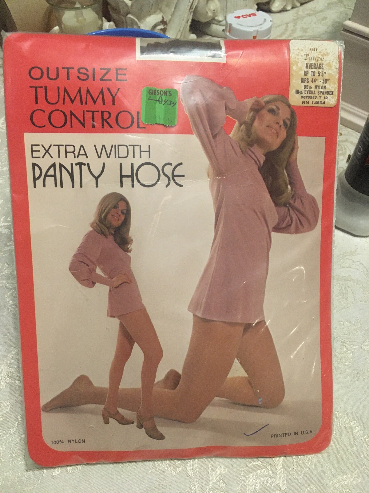 Vintage Outsize Taupe nude pantyhose with model Queen 44-50” Hips