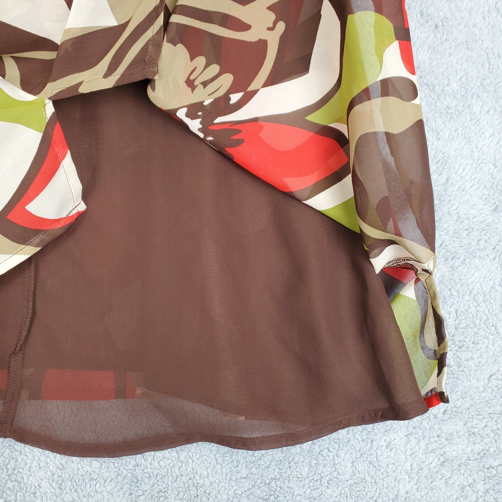Vtg Russell Kemp Sz 1X Floral Ruffle Blouse Peplum Sheer Sleeve Mod Style Brown