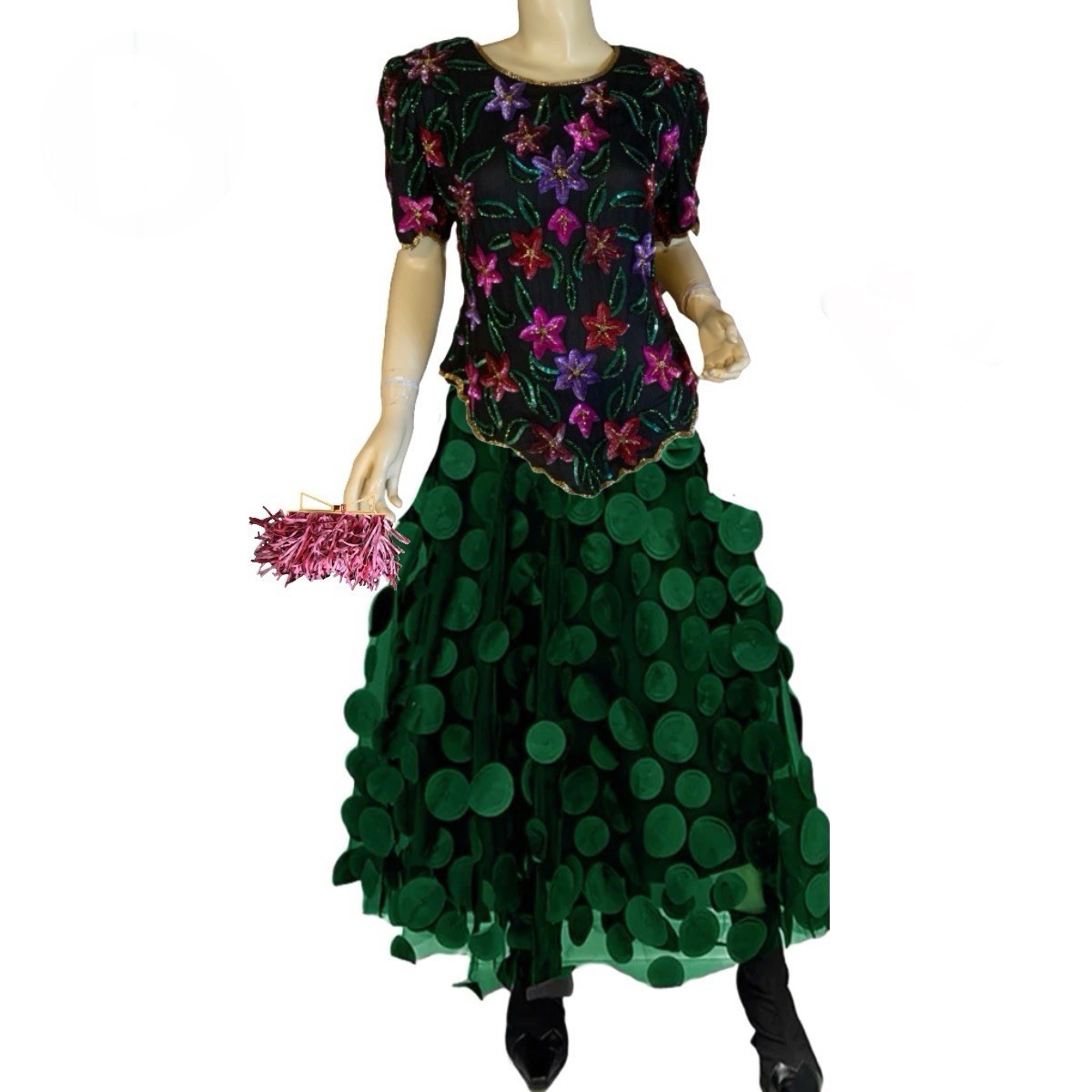 VINTAGE CIRCA 1980’S LAURENCE KAZAR MULTI COLOR FLORAL & BLACK SEQUIN TOP SZ LG