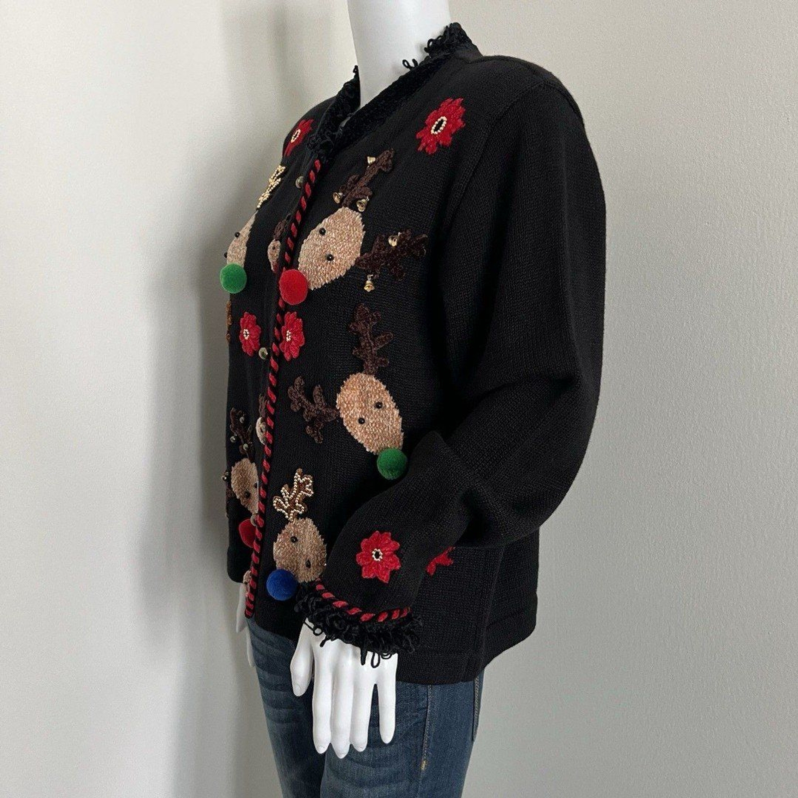 Vintage Jack B Quick Womens Christmas Cardigan M Black Reindeer New Old Stock
