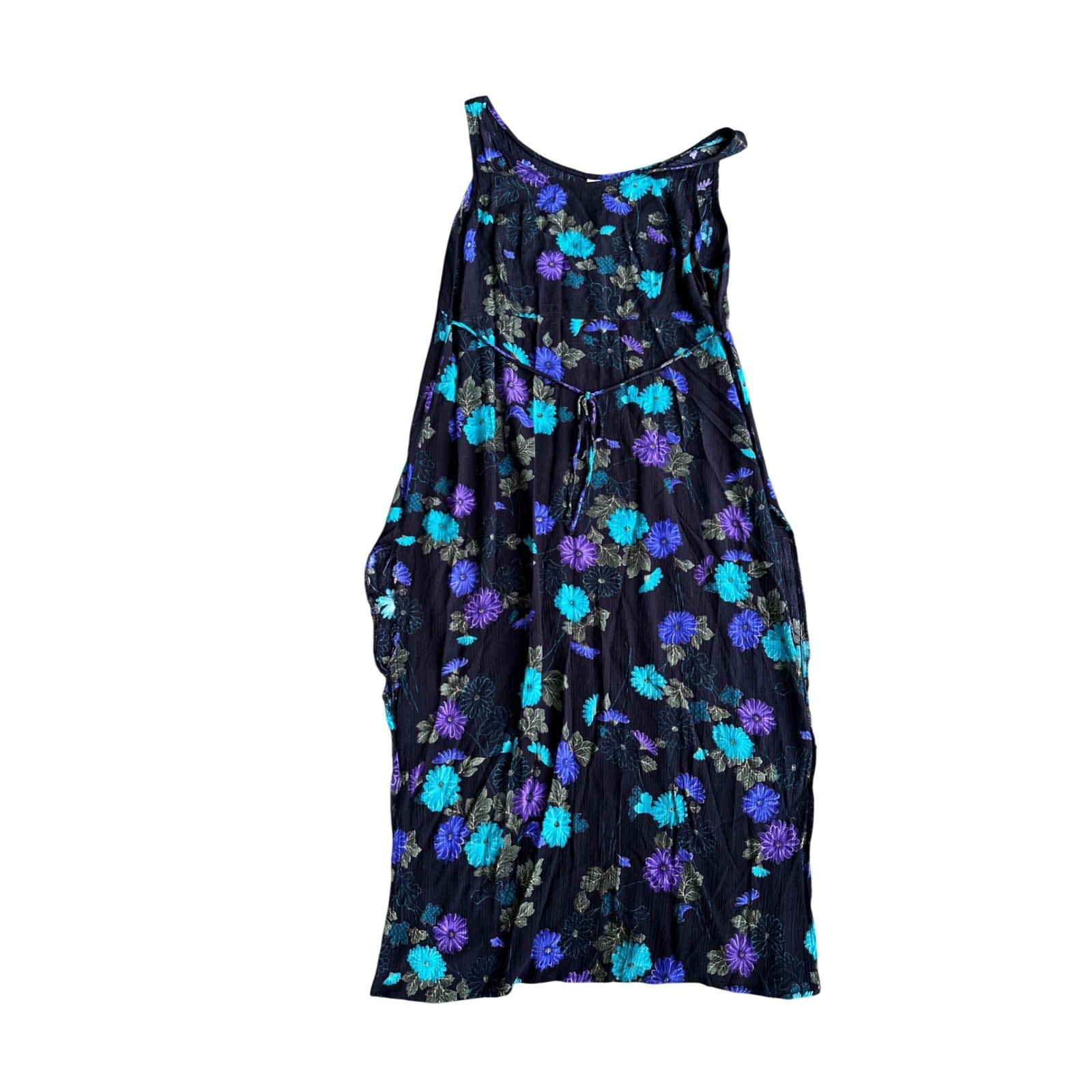 Darian Vintage Floral Maxi Dress Black Teal Purple Rayon Crepe Sleeveless Sz 14