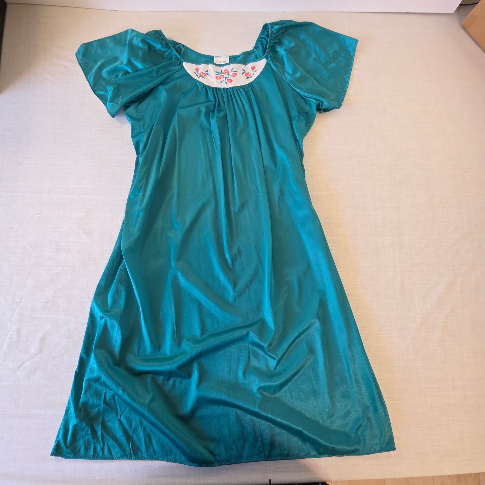 Milco Nightgown Vintage Floral Embroidered Shimmer Teal Large Lounge Dress 70s