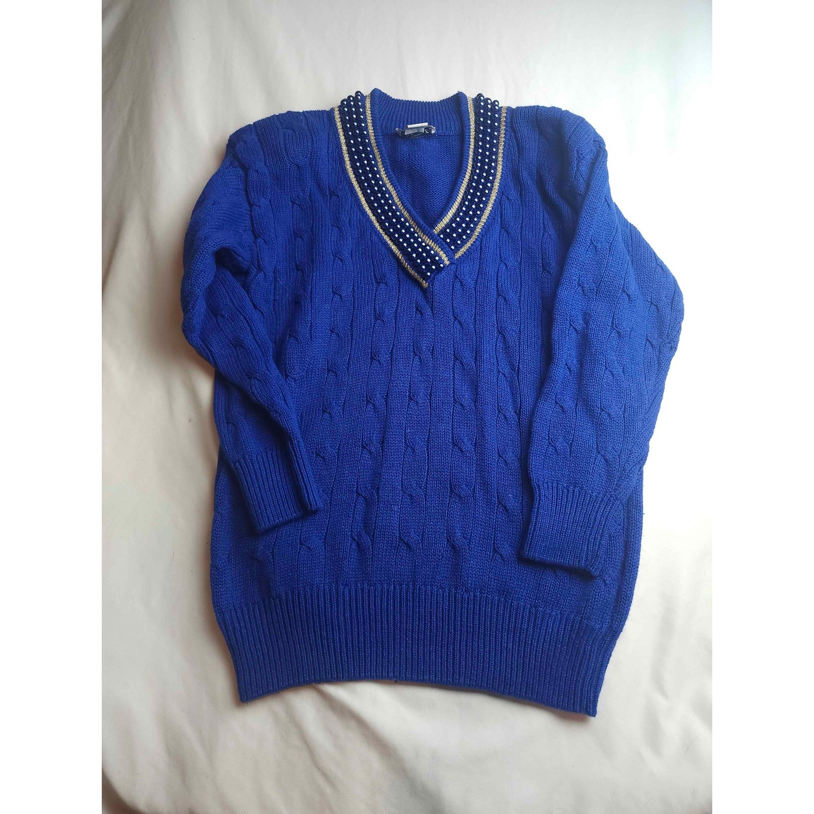 Eminent Vintage Royal Blue Cable Knit Pearl Beaded V-Neck Sweater Small Womens