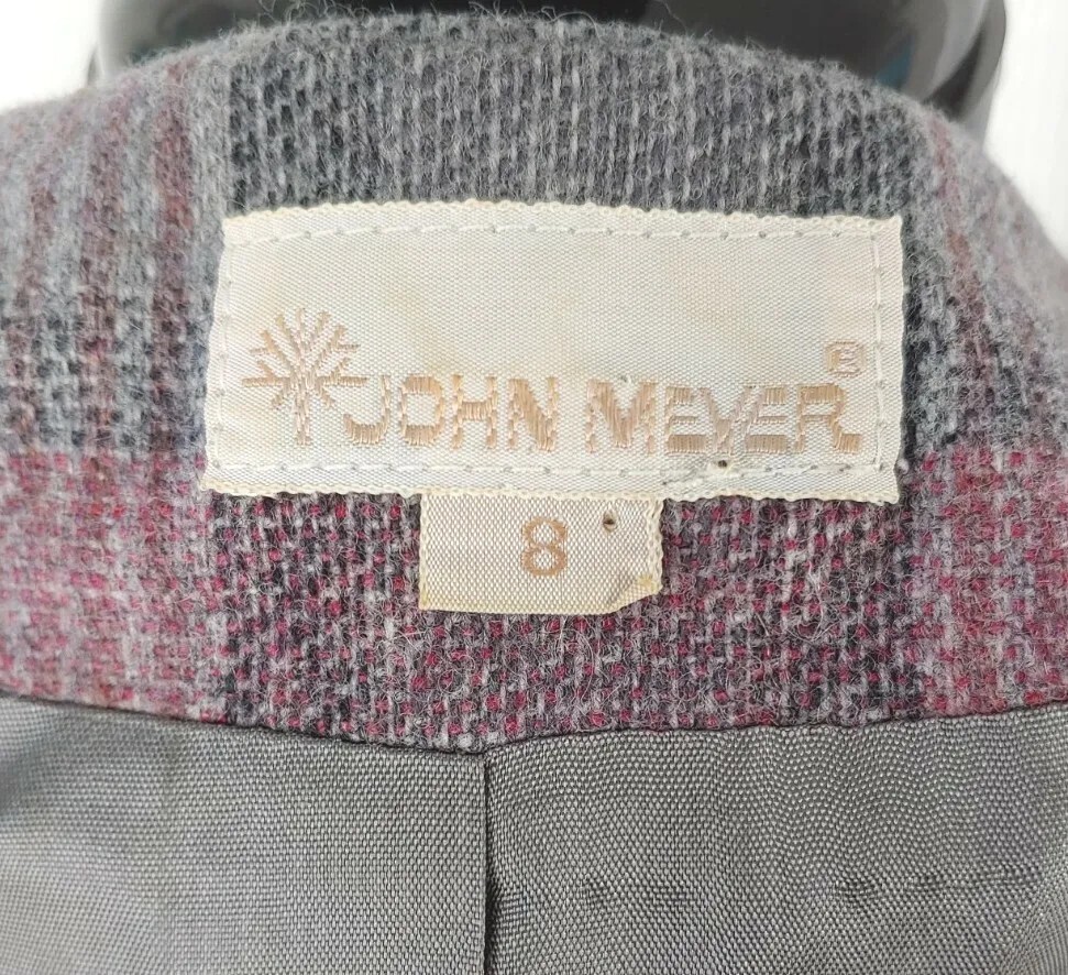Vintage John Meyer Grey & Pink Plaid Collarless Wool Jacket Size 8