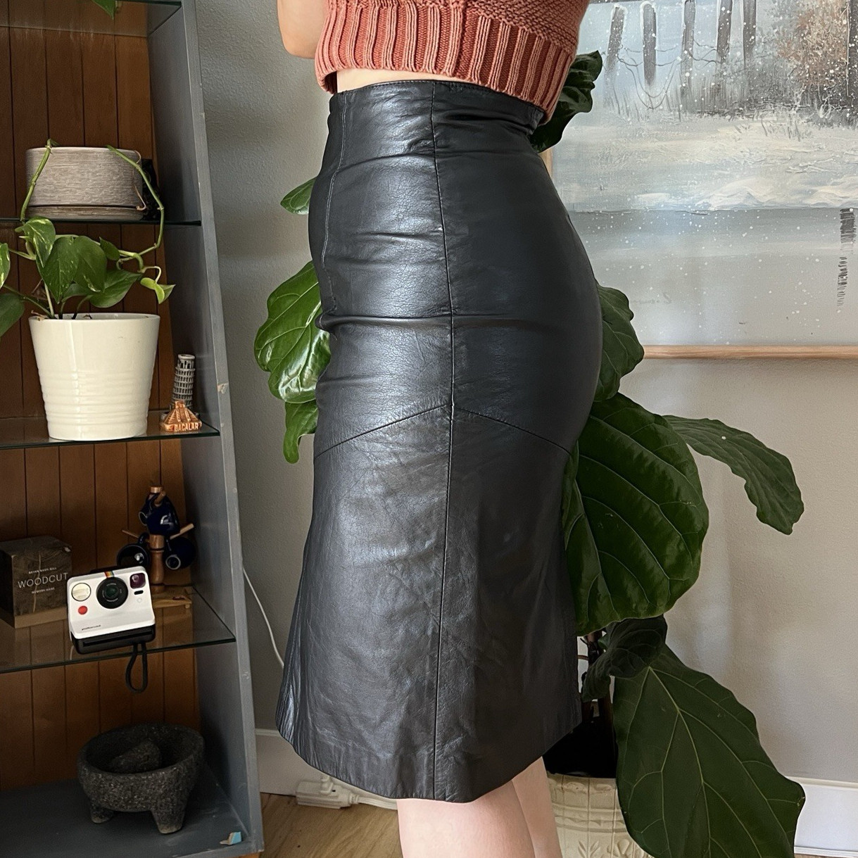 Vintage Pelle Cuir Black Genuine Leather Pencil Skirt High Waist Size 10 Midi