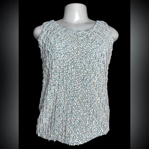 VTG 60s La Peta London Hand Beaded Angora Wool Blue Top Made in Hong Kong XS/S